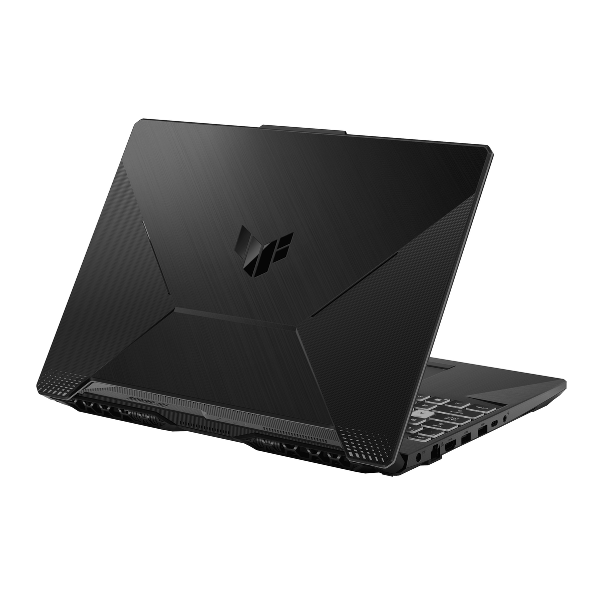 Czarny laptop z tyłu, pokazujący logo, otwory wentylacyjne i klawiaturę.