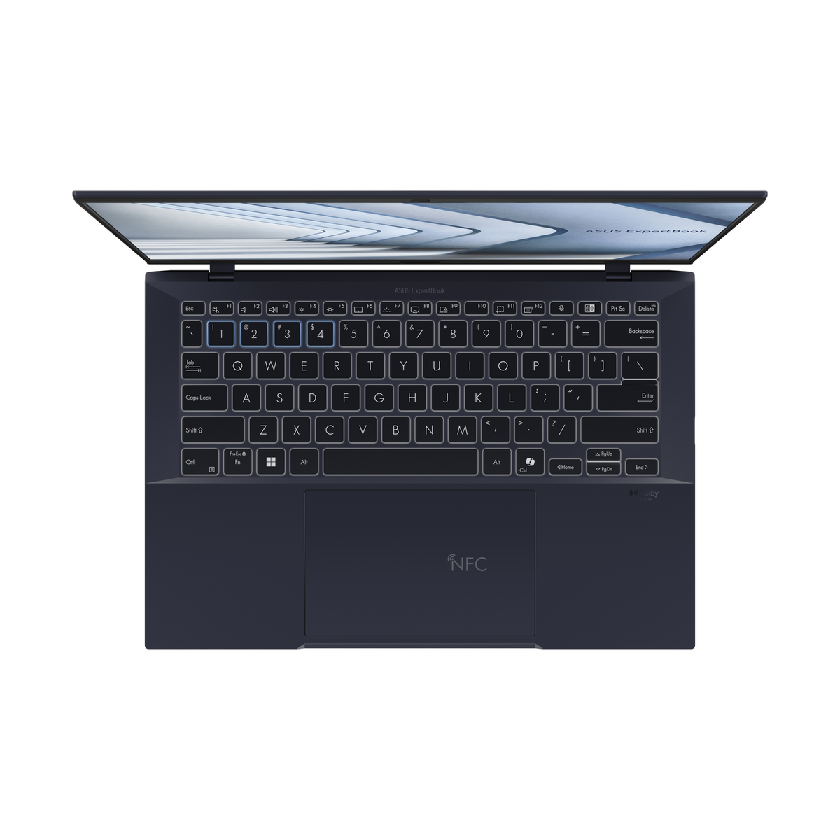 Ordenador portátil abierto, vista en ángulo del teclado. Teclas negras sobre fondo azul oscuro.