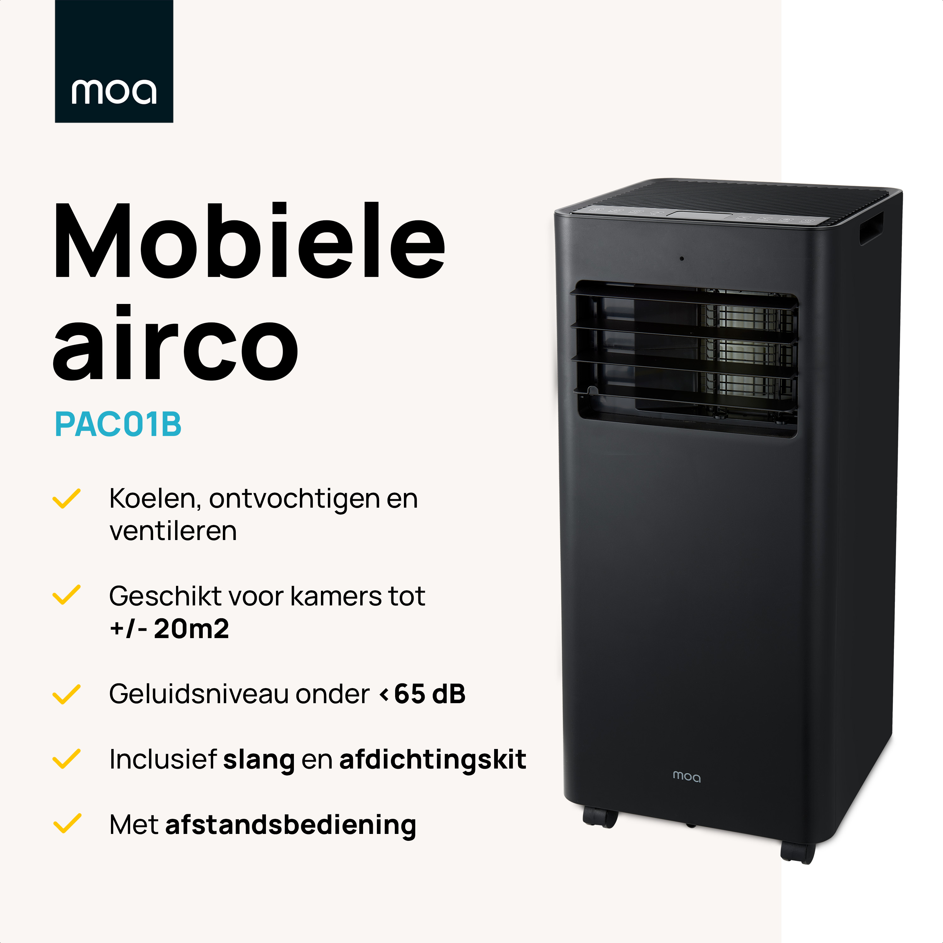 Zwarte airconditioner. Tekst en pictogrammen eromheen.