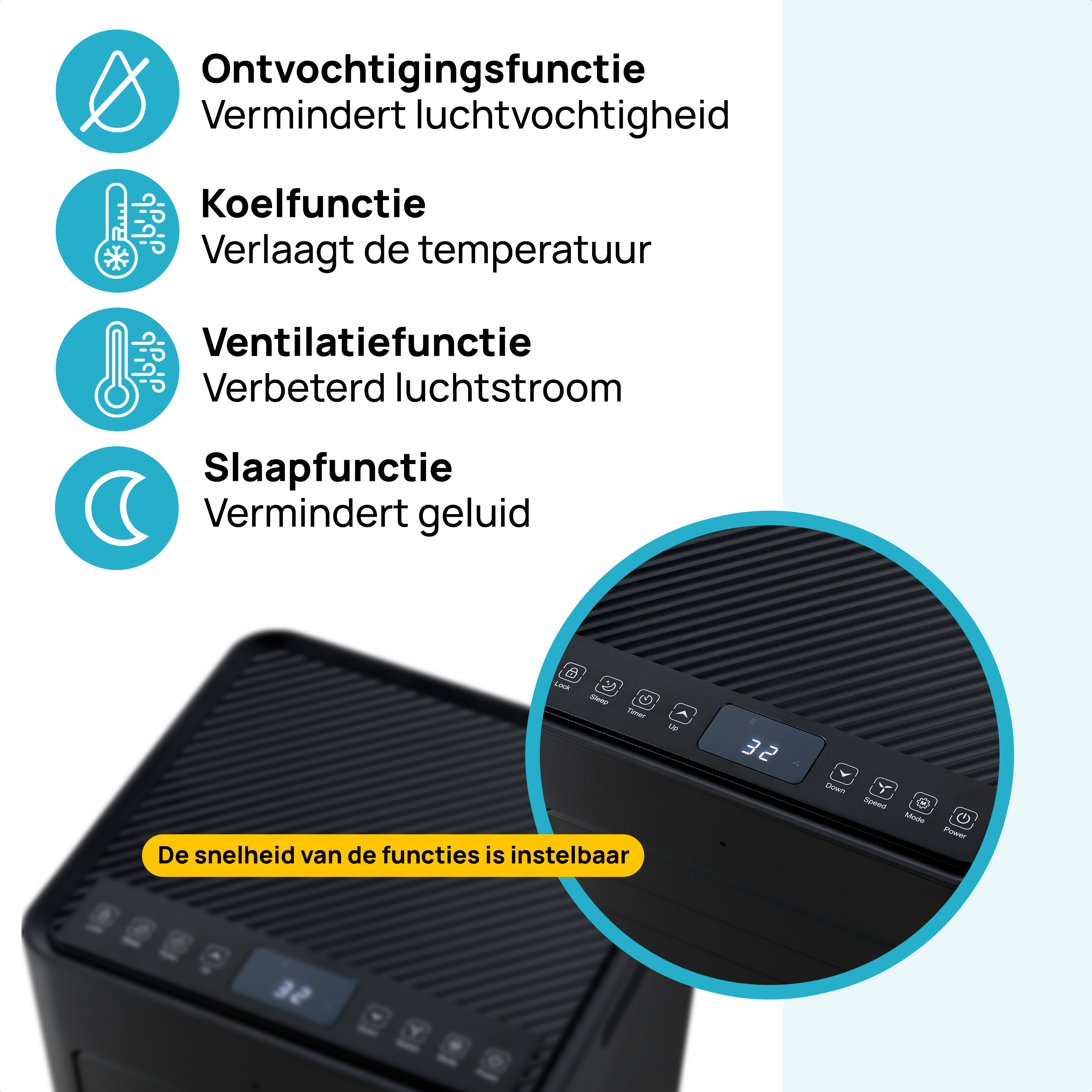 Een zwart apparaat met tekst en pictogrammen die functies beschrijven, een digitaal display toont 32.