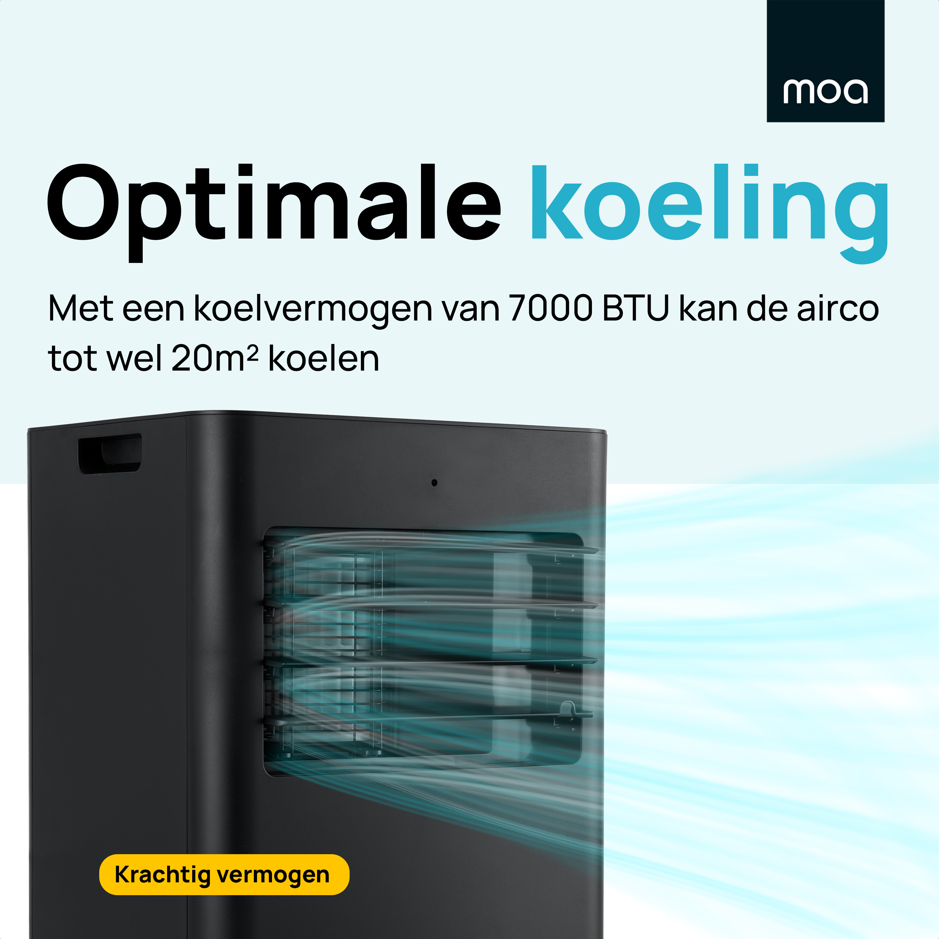 Zwarte airconditioner met tekst overlay op een lichtblauwe achtergrond, adverteren voor koeling.