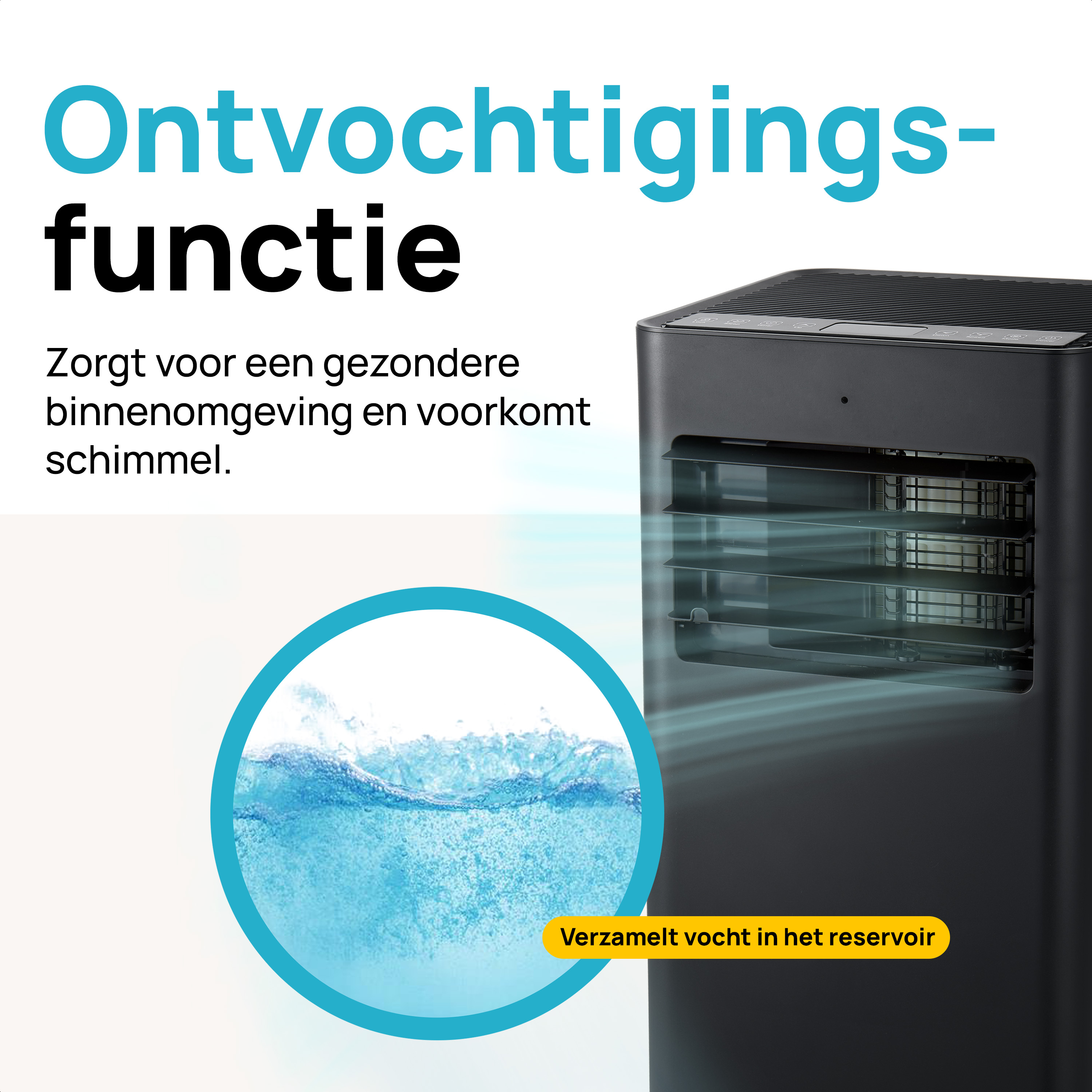 Zwarte luchtontvochtiger met waterniveau-indicator. Tekst legt uit dat het vocht verwijdert, schimmel voorkomt.