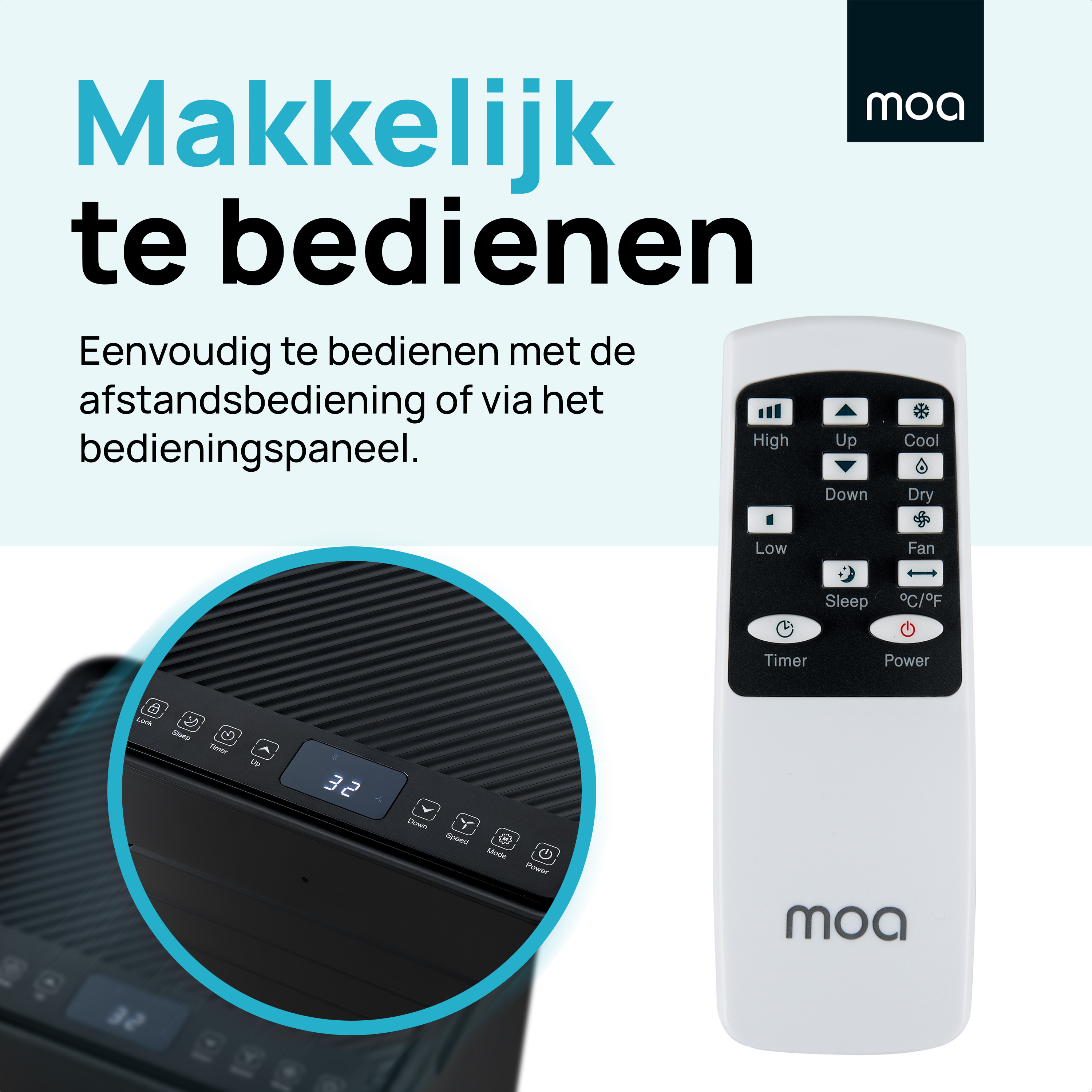Afstandsbediening met knoppen als 'Hoog', 'Laag', 'Ventilator', 'Koel', 'Droog' en een aan/uit-knop.