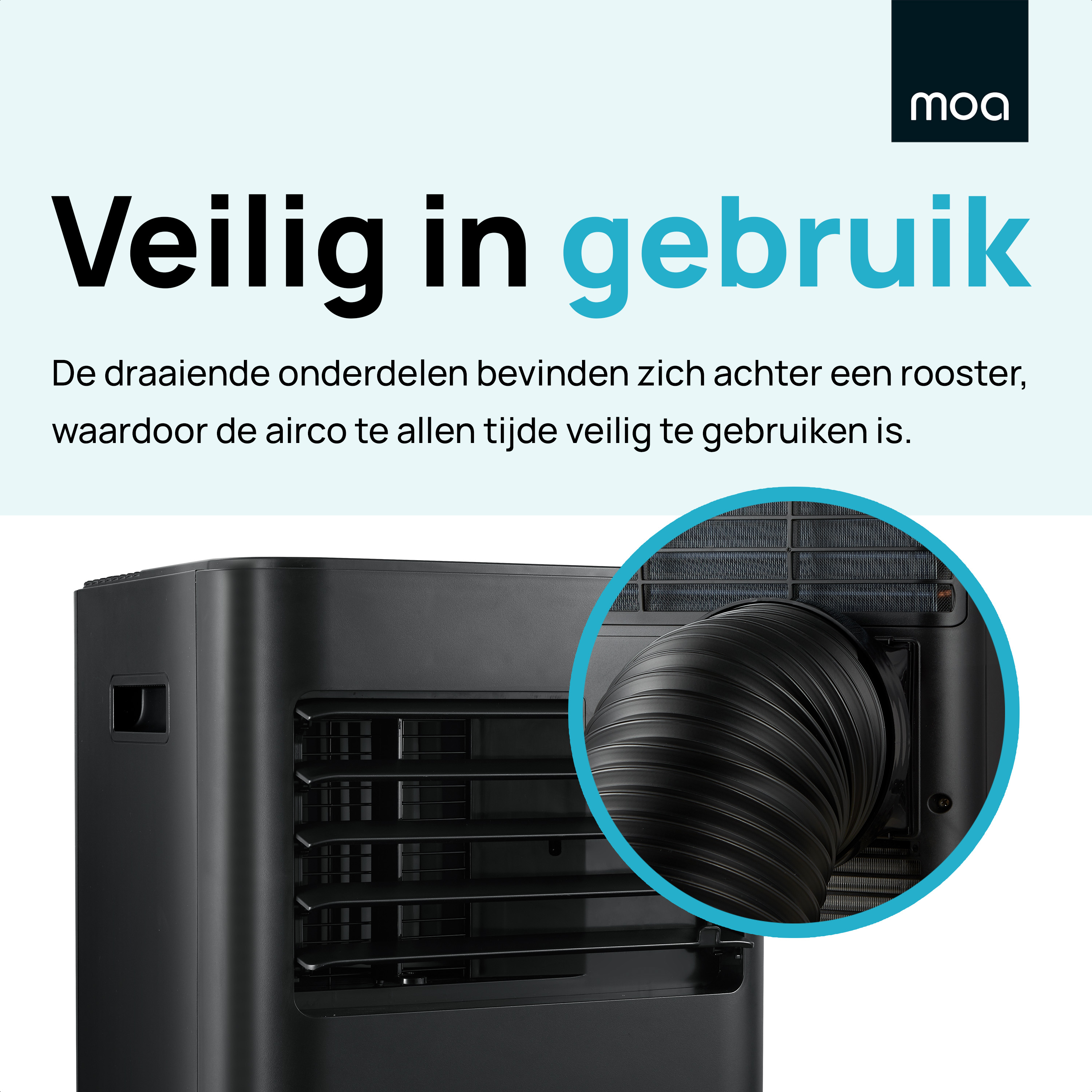 Zwarte airco met Nederlandse tekst: 'Veilig in gebruik'.