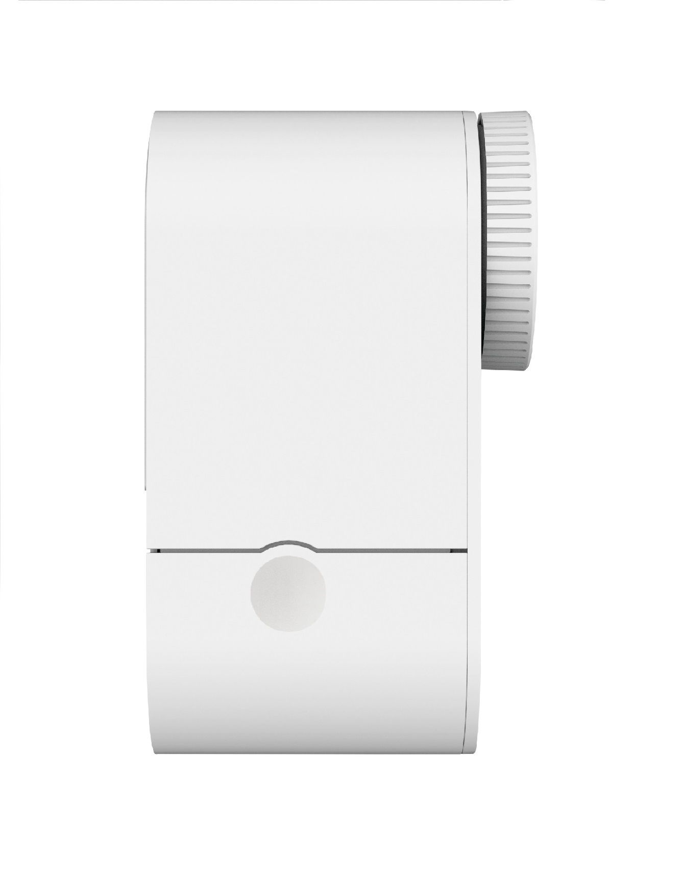 Biały termostat. Ma kształt cylindryczny z pokrętłem z boku.