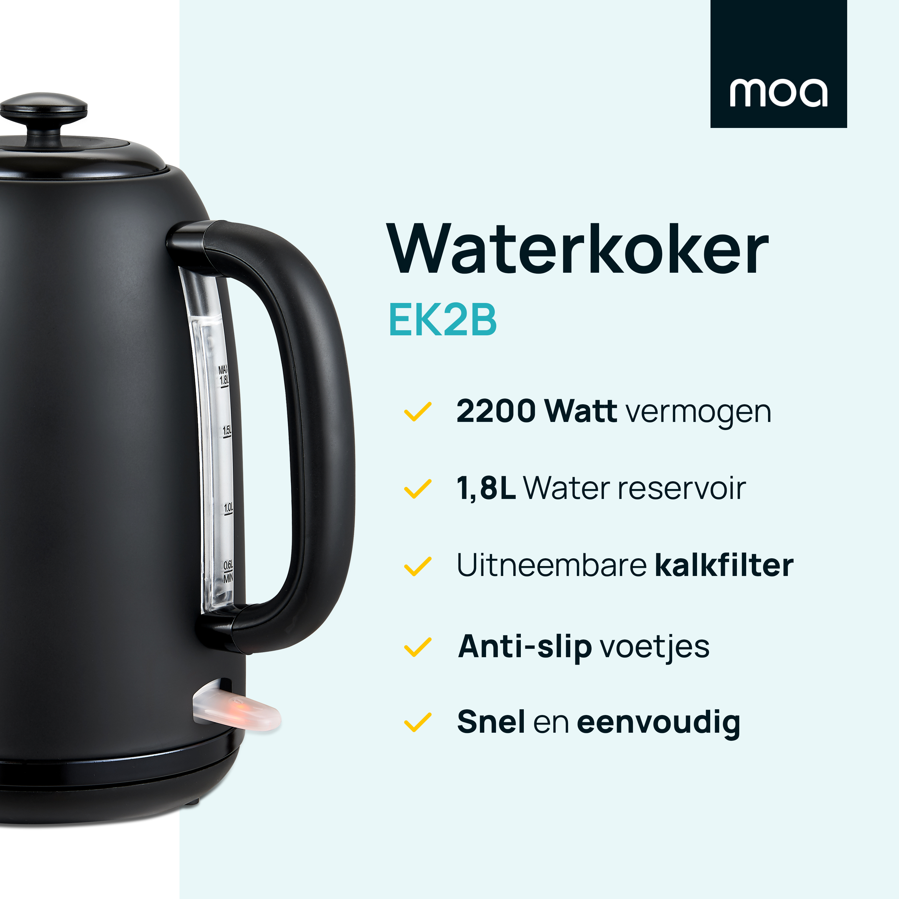 Zwarte waterkoker met een handvat, waterniveau-indicator en tekst die de kenmerken beschrijft.