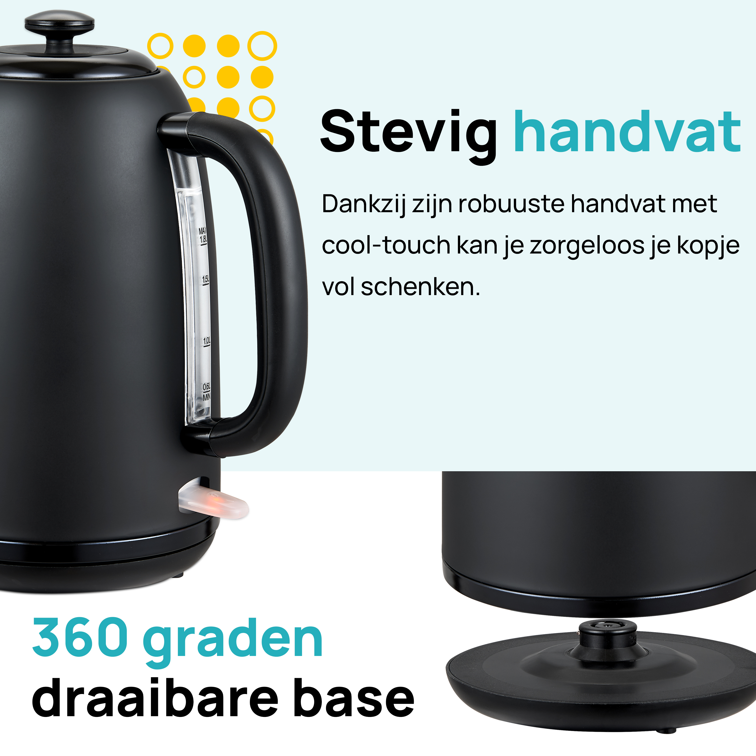 Zwarte elektrische waterkoker. Zwarte handgreep en een diagram van de basis.