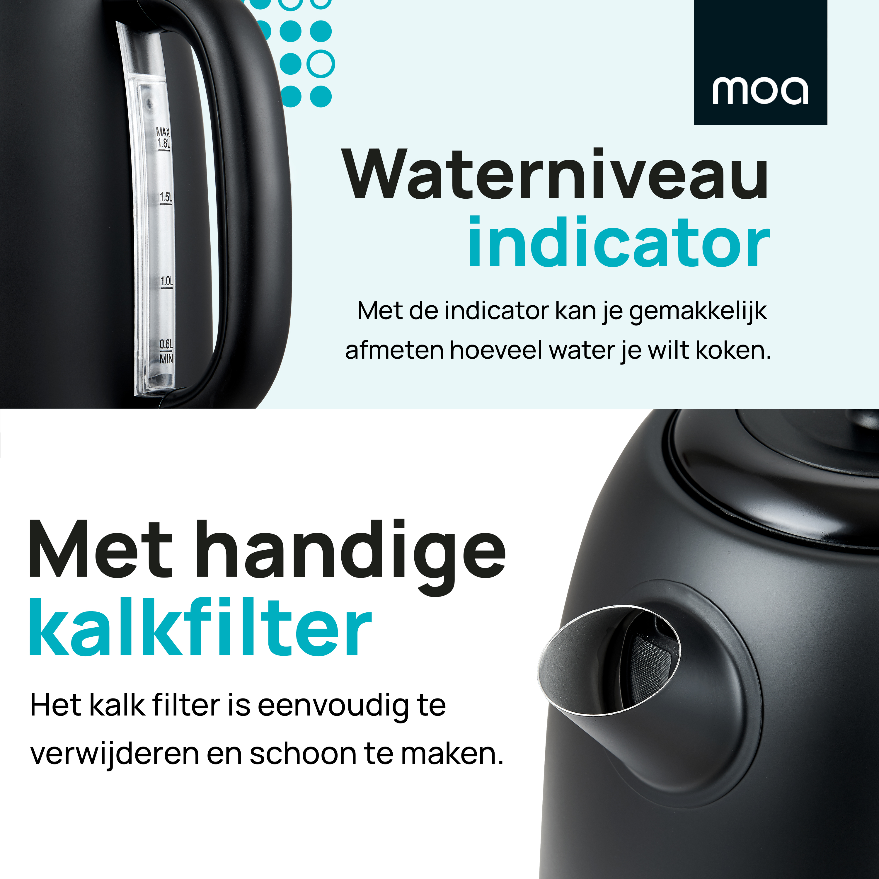 Zwarte waterkoker met waterniveau-indicator. Detail kalkfilter. Eenvoudig te reinigen.