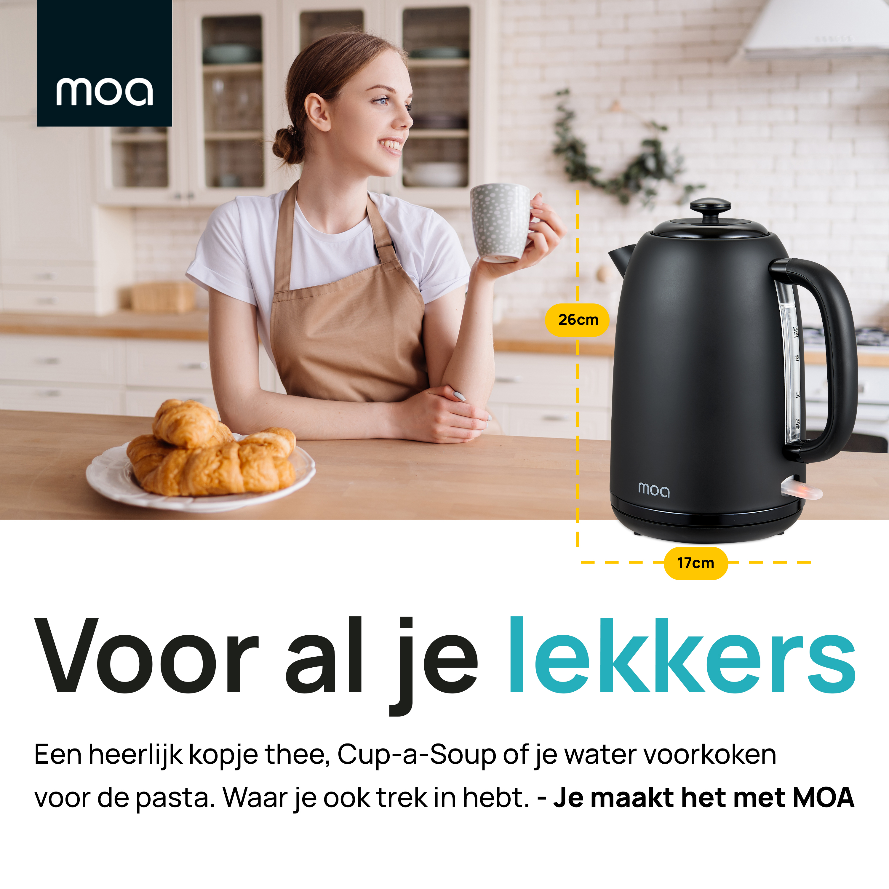 Vrouw met kopje, zwarte waterkoker, tekst 'Voor al je lekkers'.