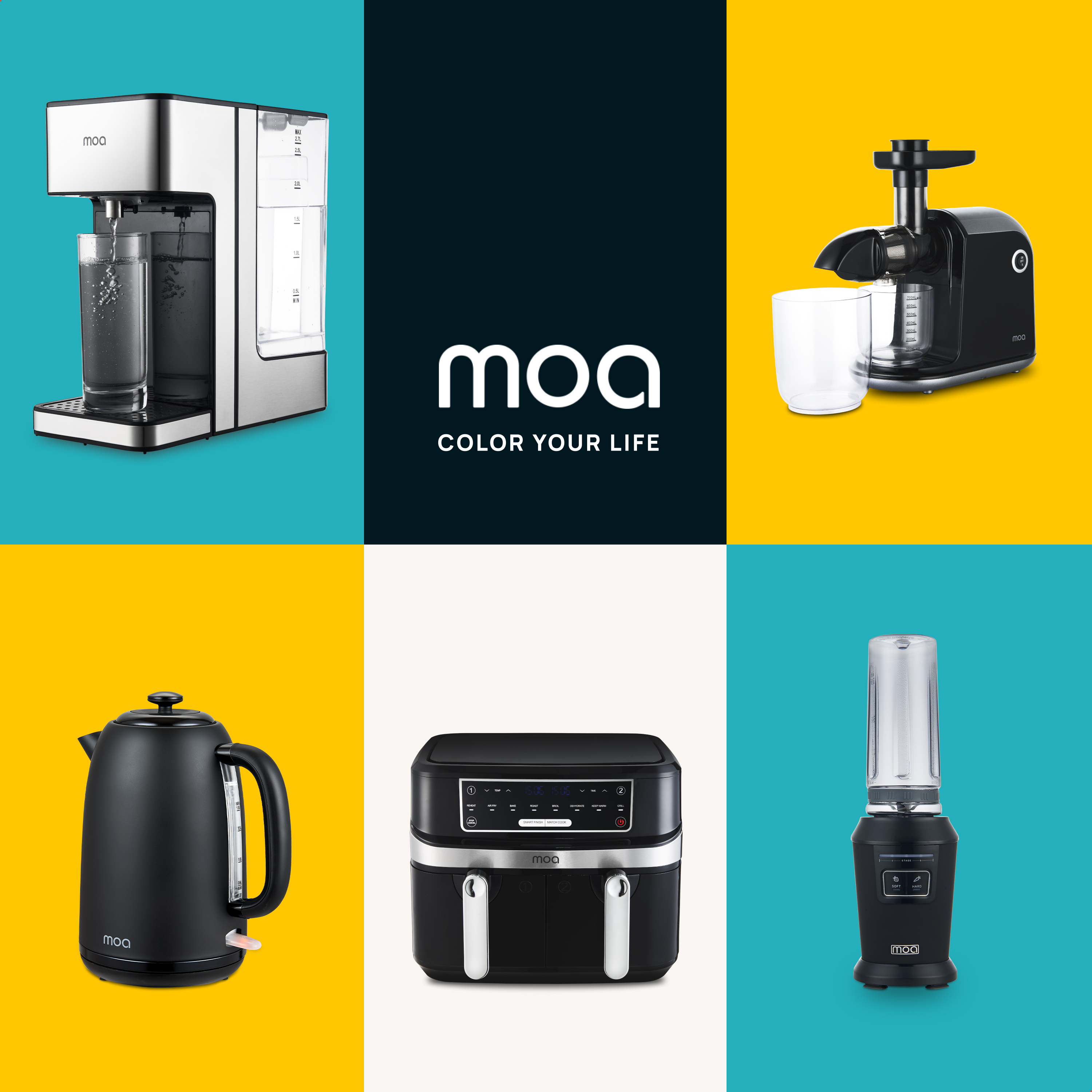 Diverse keukenapparaten: waterzuiveraar, sapcentrifuge, waterkoker, airfryer, blender.