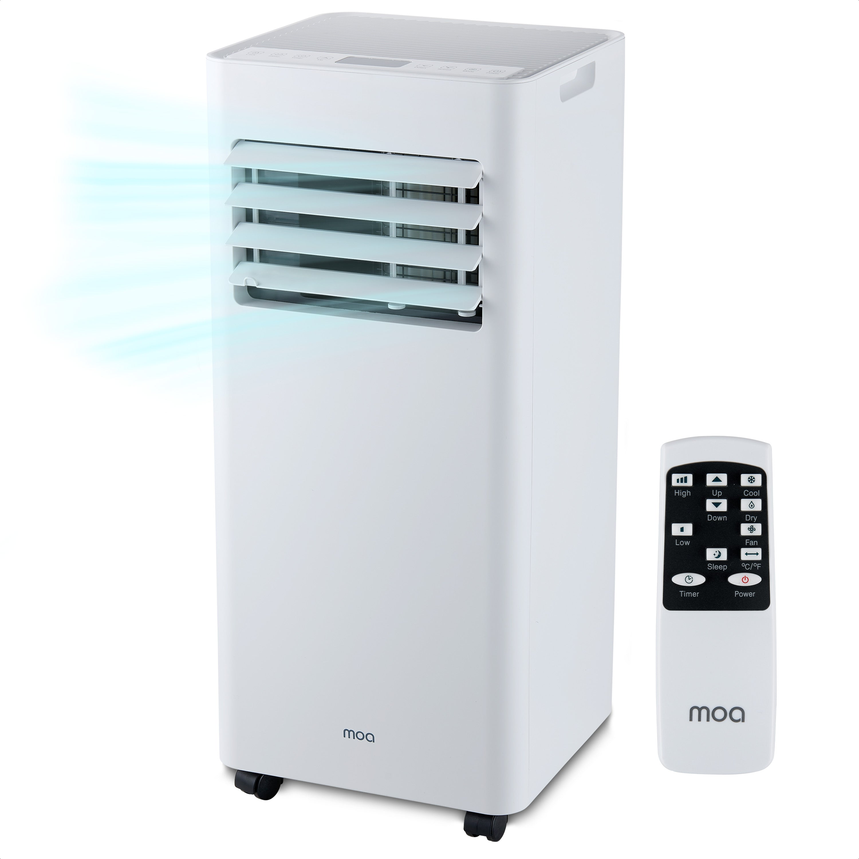White portable air cooler with remote. Air is blowing from it.