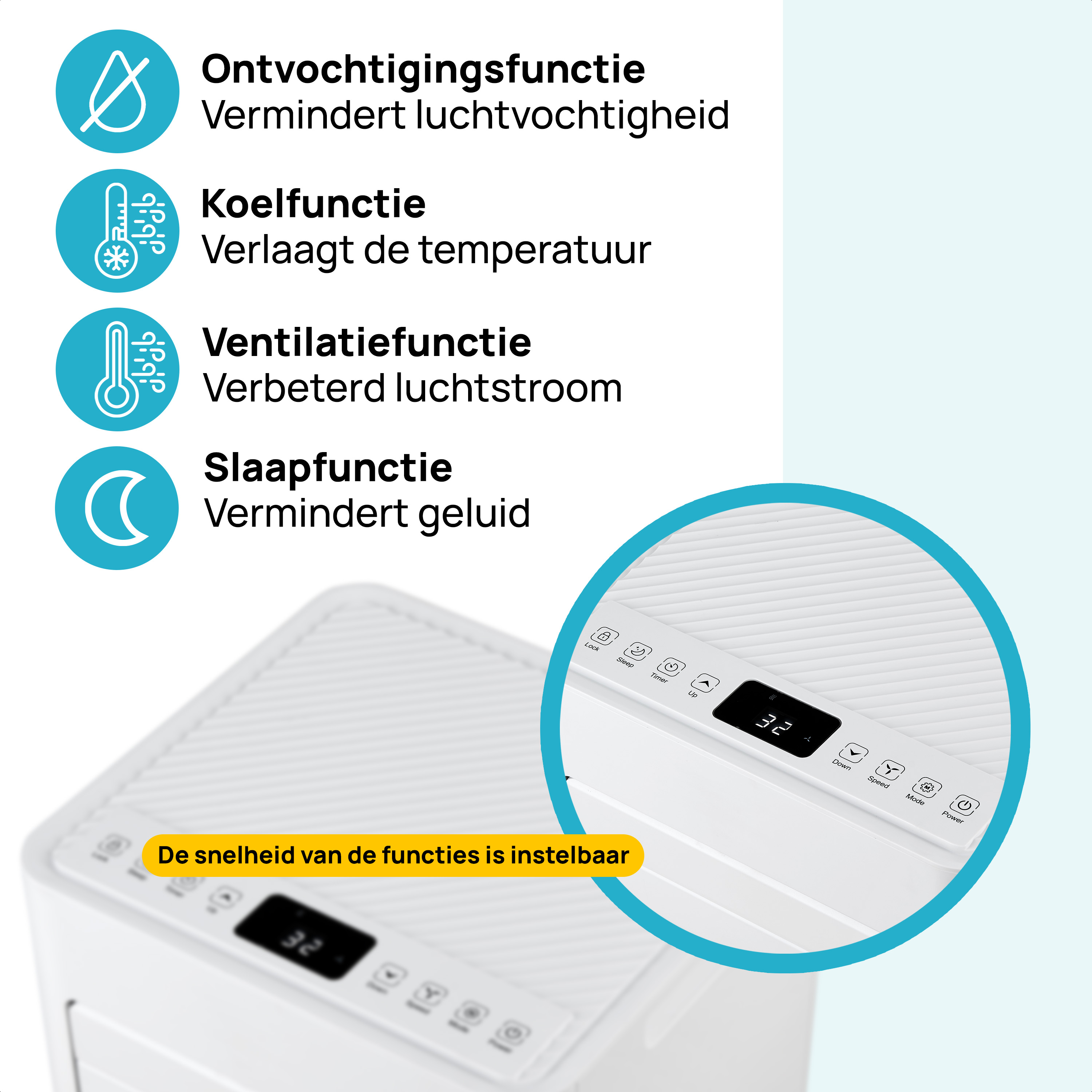 White air purifier with control panel and icons for different functions. Text indicates adjustable speed.