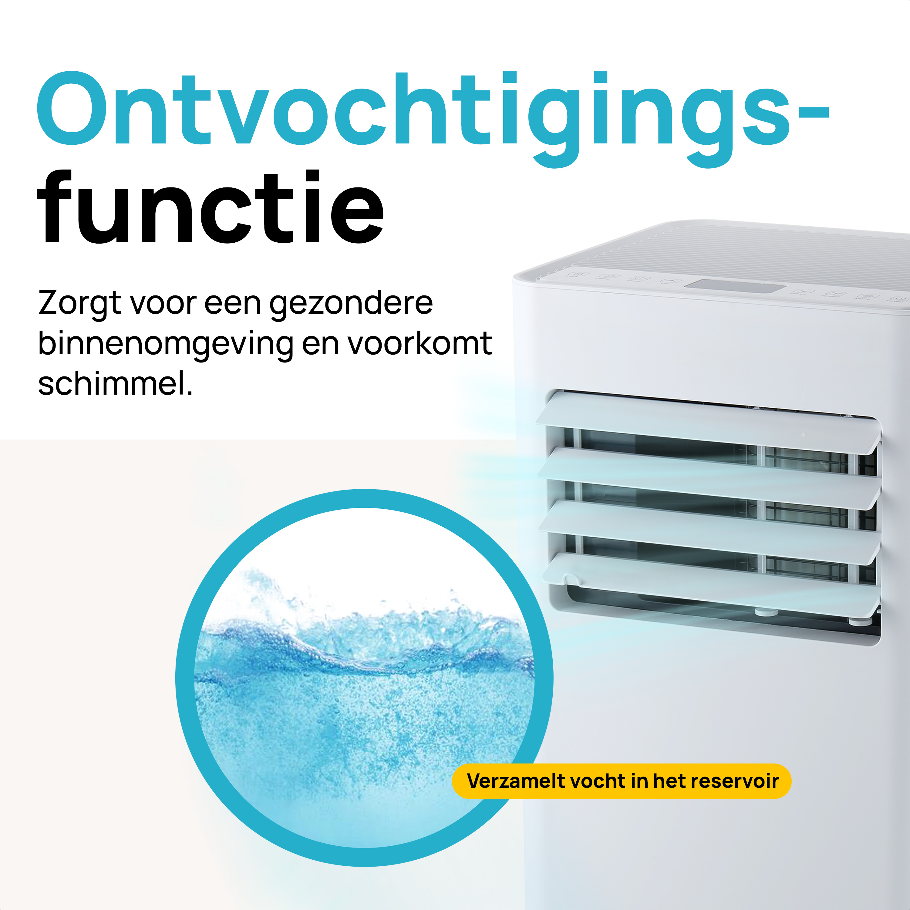 Air cooler detail. Text about dehumidifying function and a water image.