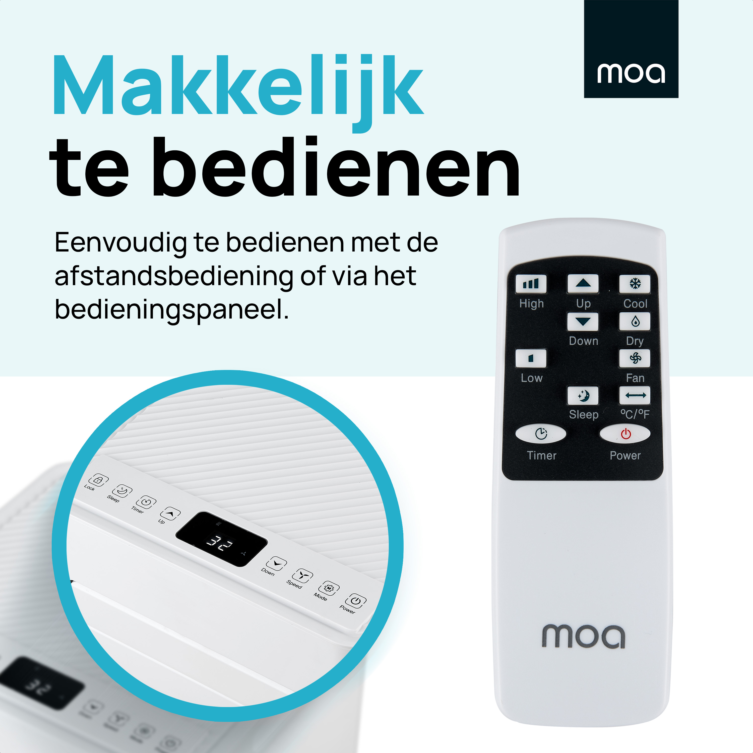 A white remote control with black buttons. Text reads 'Easy to operate'.