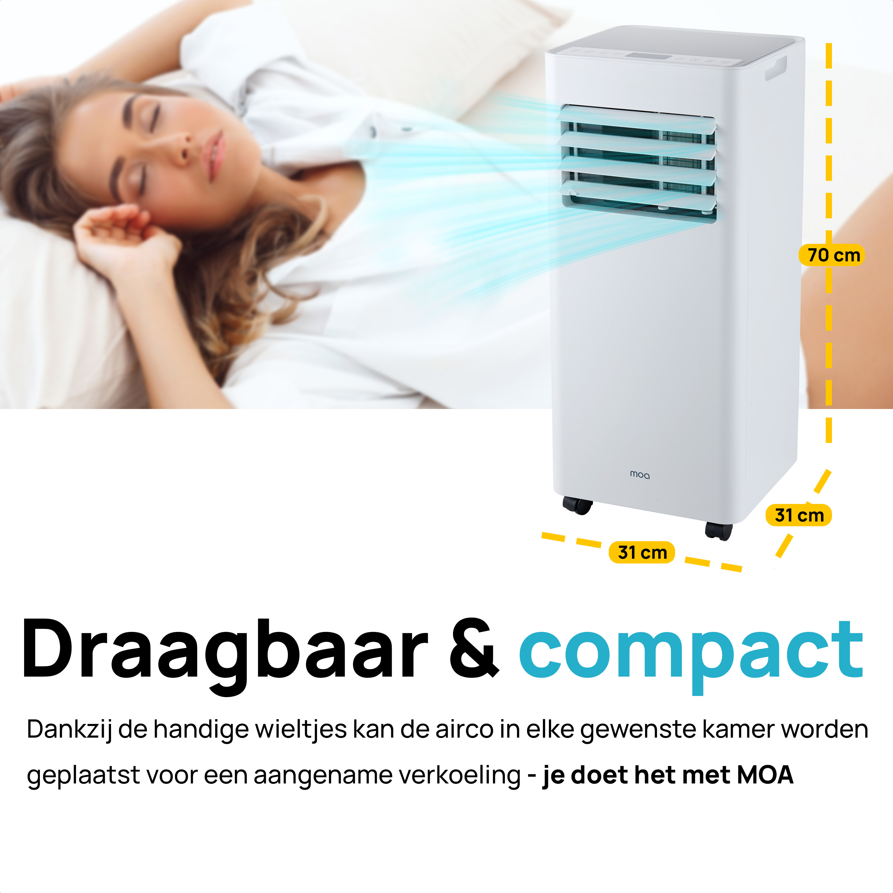 A woman sleeps near a white portable air conditioner. Dimensions are 70x31x31 cm.