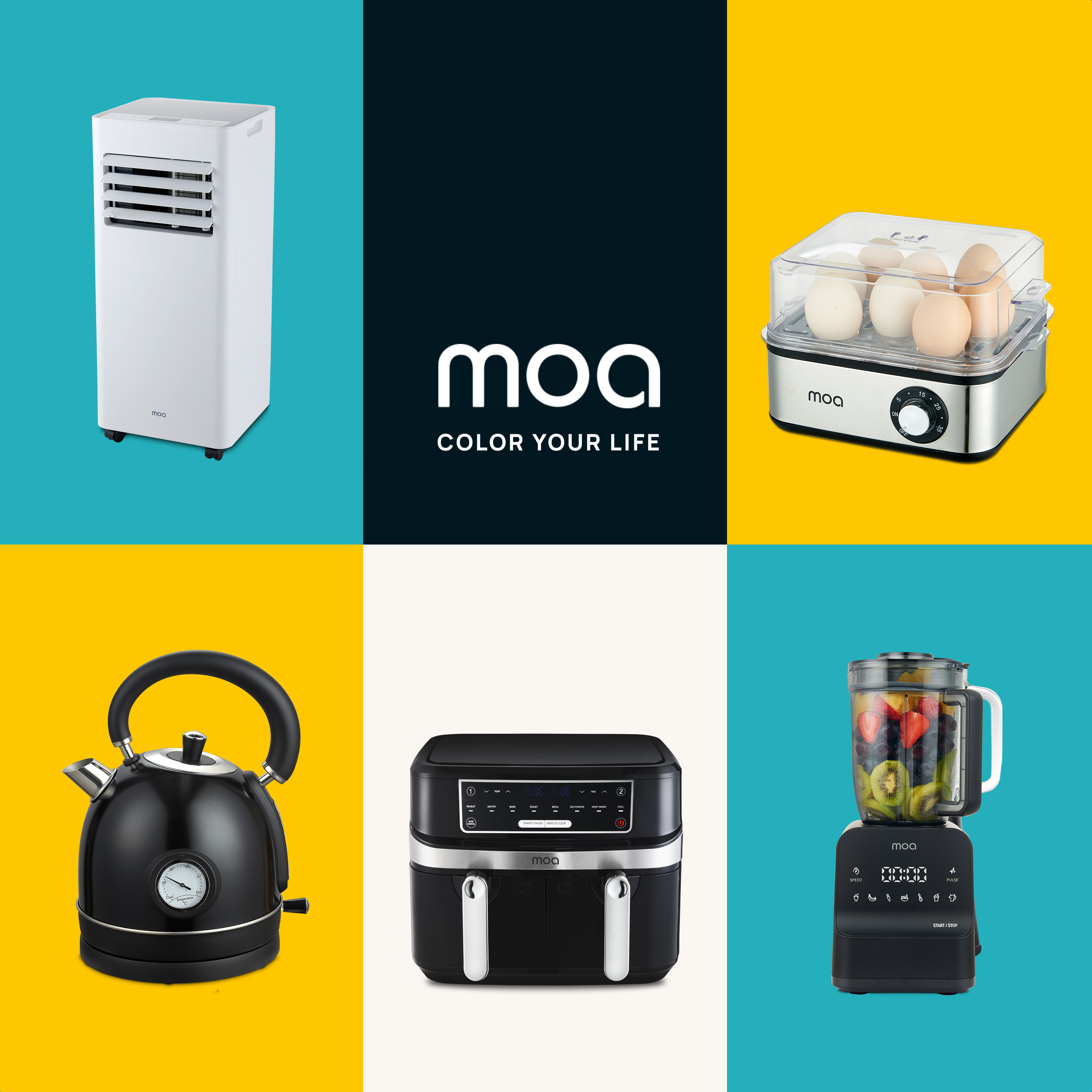 Several MOA appliances. Air fryer, egg cooker, kettle, and blender.