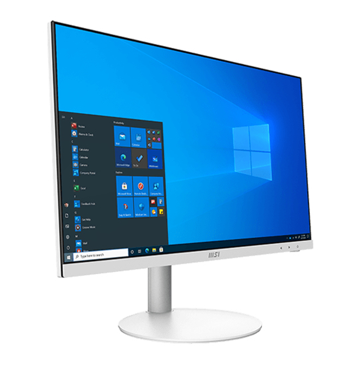 Monitor MSI z białą ramką i podstawą, wyświetlający interfejs Windows.