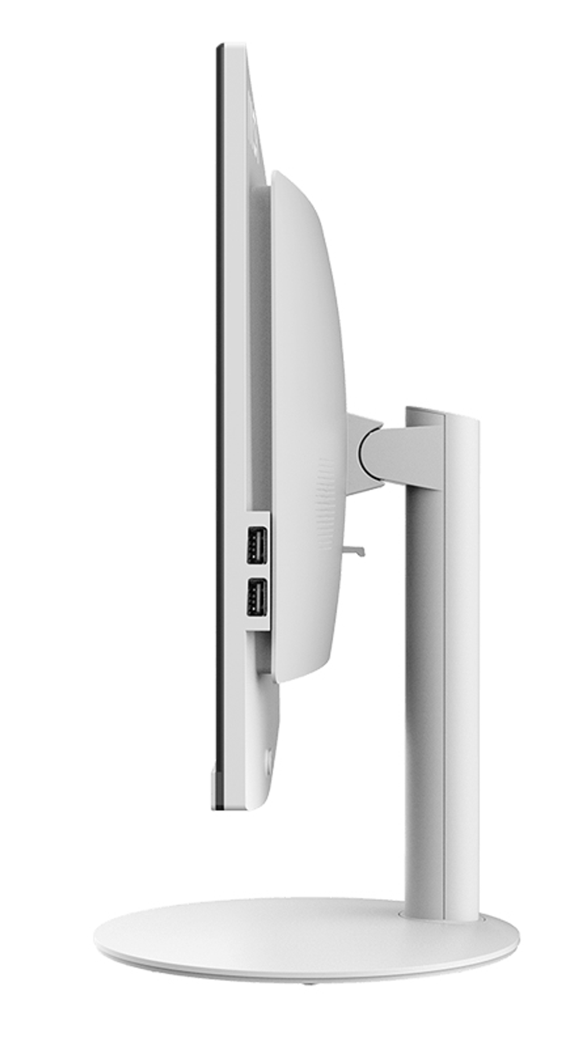 Biały monitor z boku, pokazujący porty i stojak.