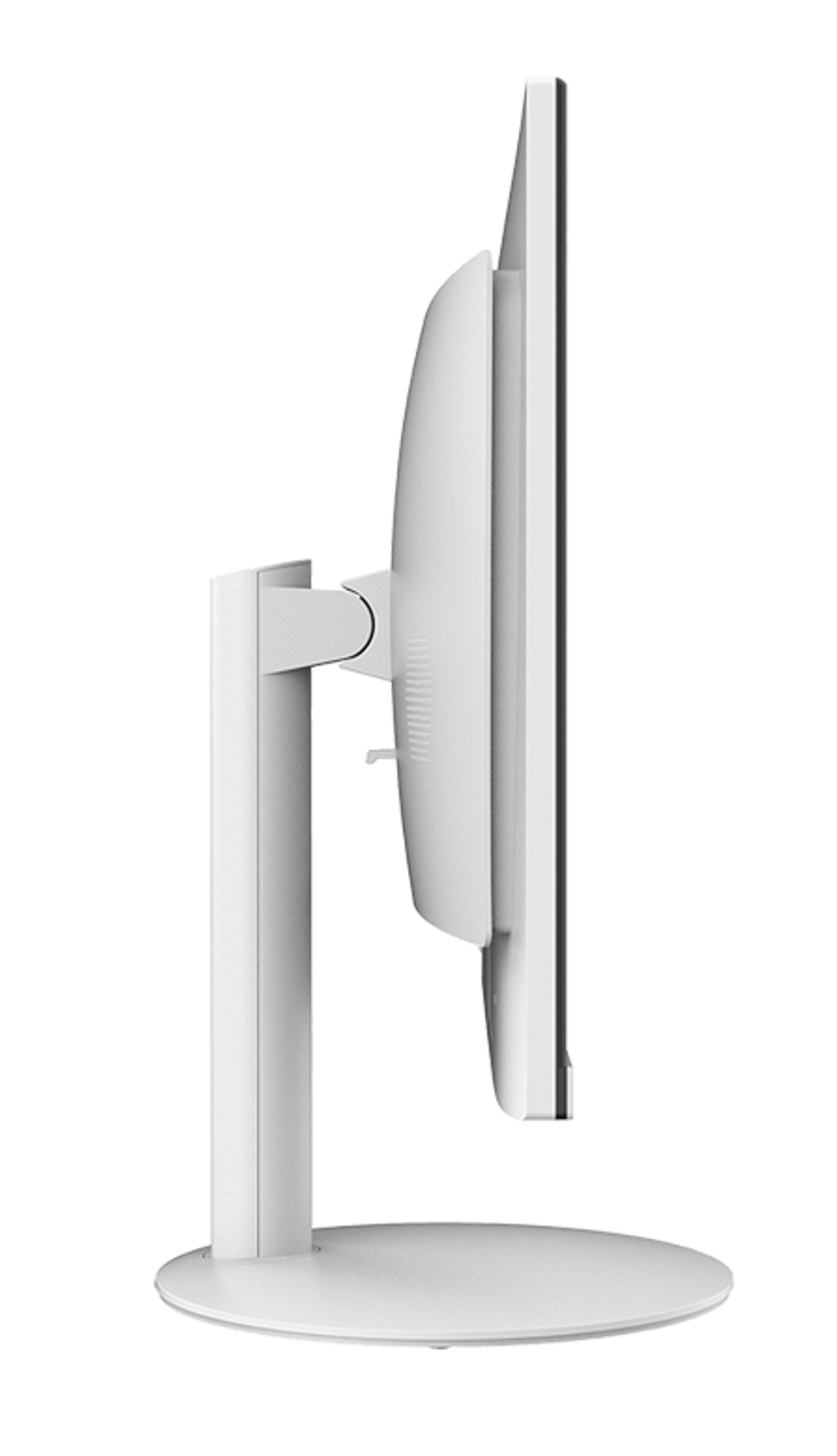 Widok z boku białego monitora komputera na białym stojaku. Ekran jest czarny.