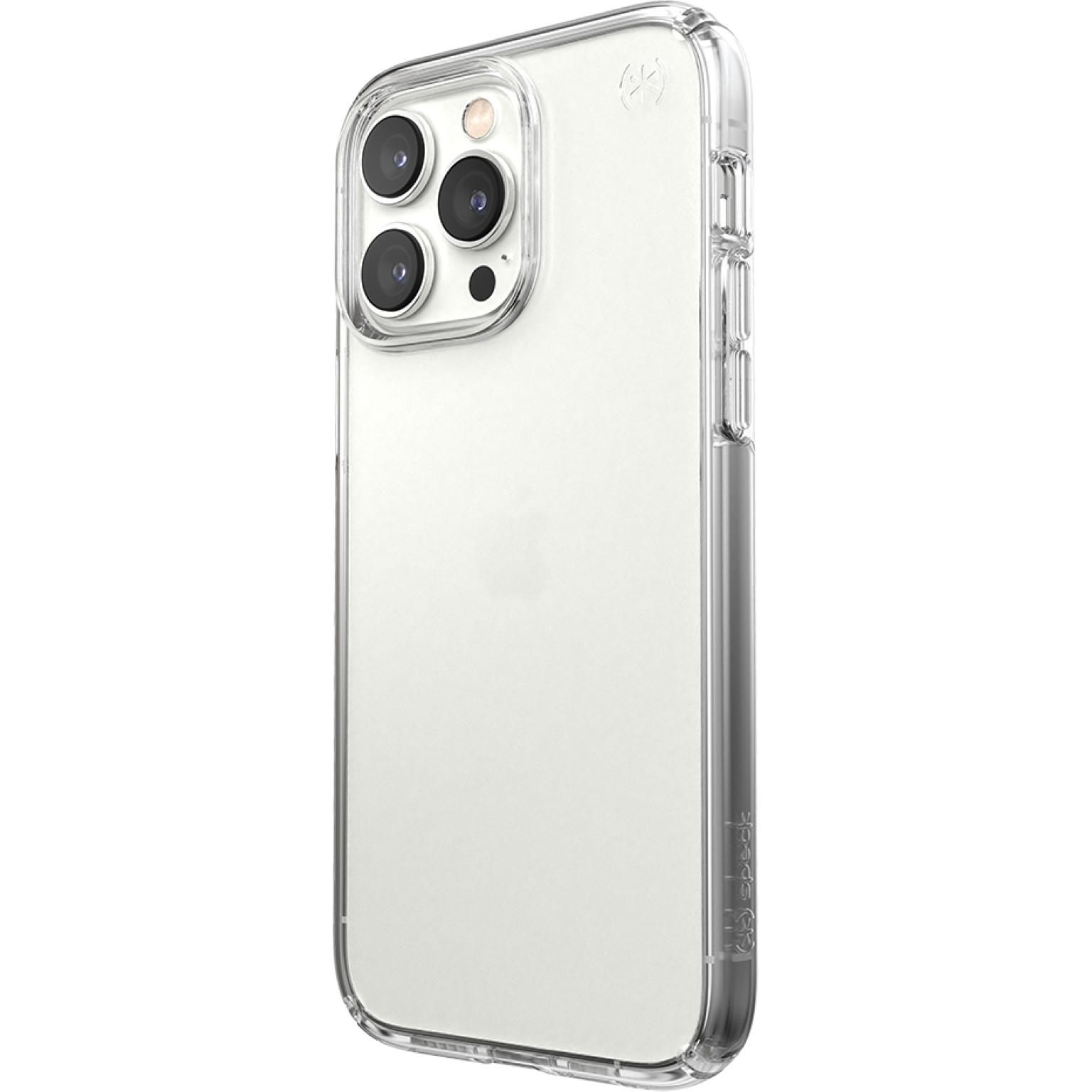 Custodia trasparente per telefono su un telefono bianco. La custodia ha un ritaglio per la fotocamera.