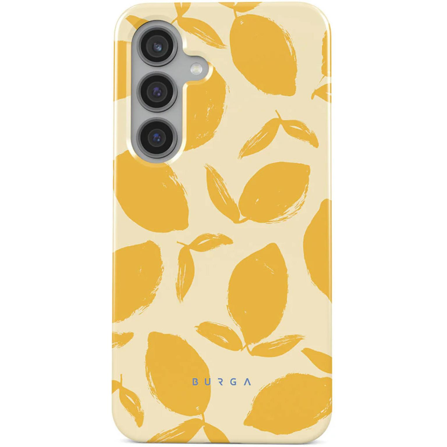 Crèmekleurige telefoonhoes met geel citroen- en bladerenpatroon. Burga logo onderaan.