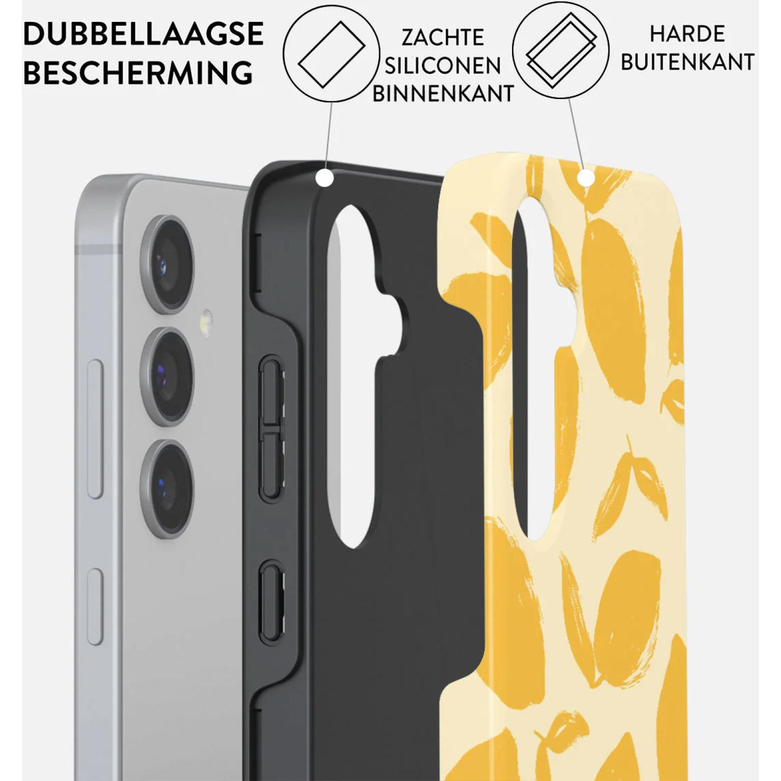 Telefoonhoesstructuur. Zilveren telefoon, zwart binnenwerk, gele buitenlaag met patroon.