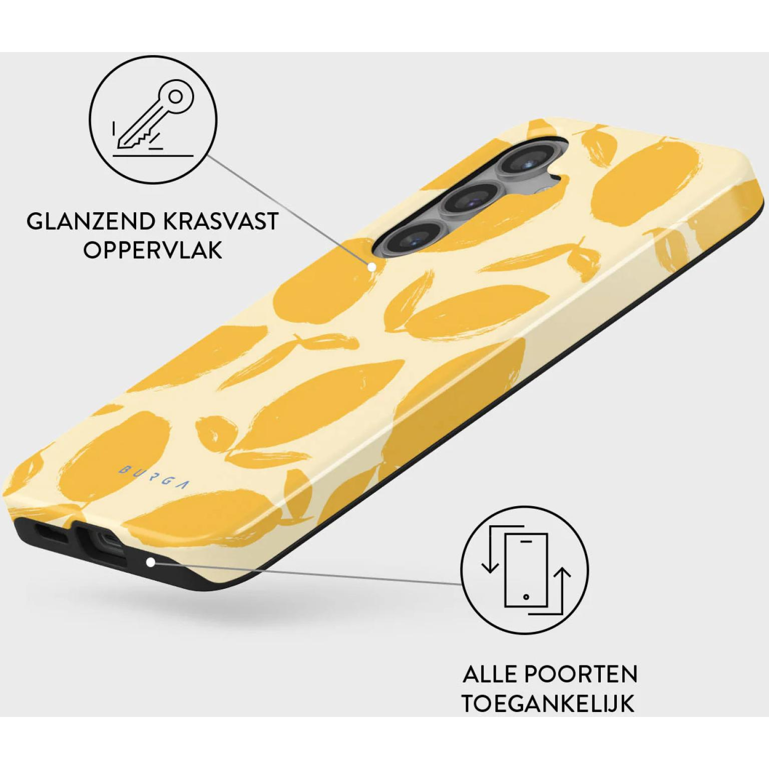 Telefoonhoesje met geel bladeren ontwerp, tekst. Pijlen wijzen naar glanzend oppervlak en poorten.
