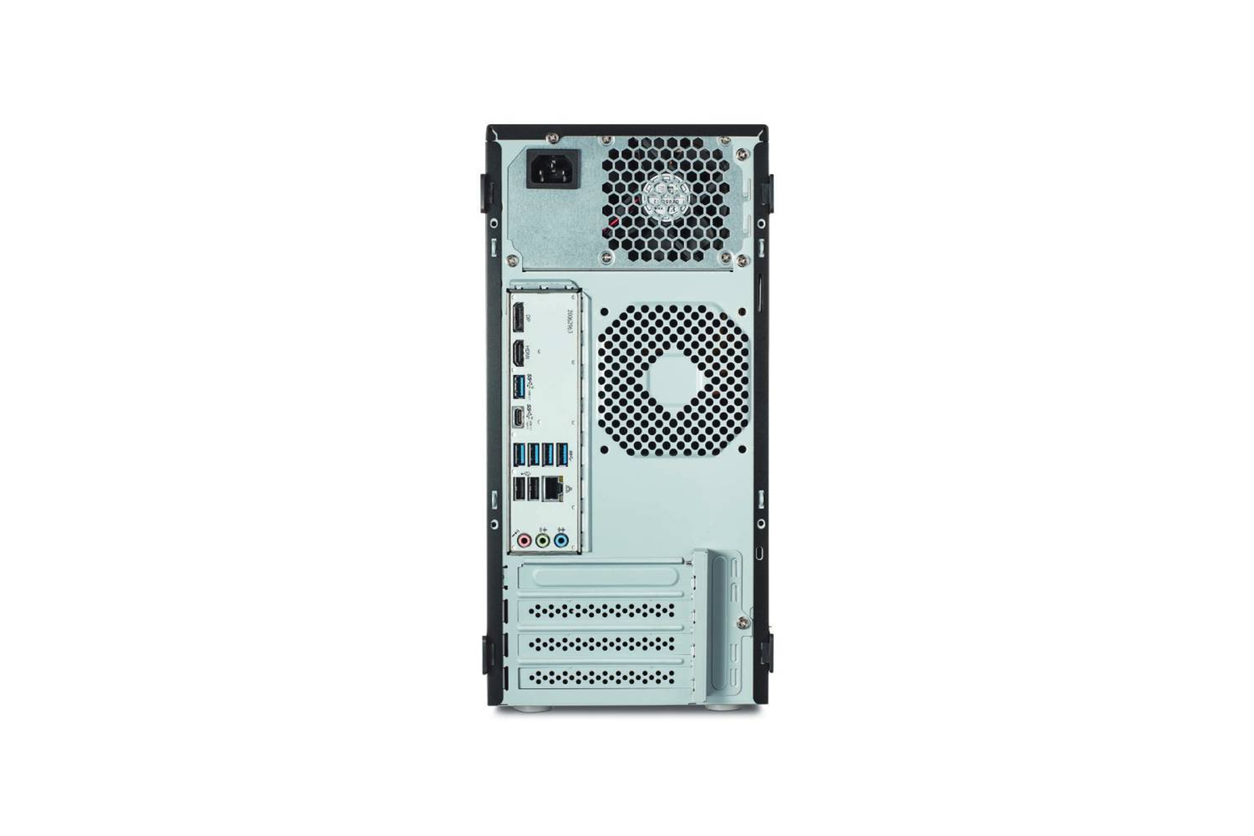 Retro di un computer nero. Porte, ventola e alimentatore visibili. Isolato su bianco.