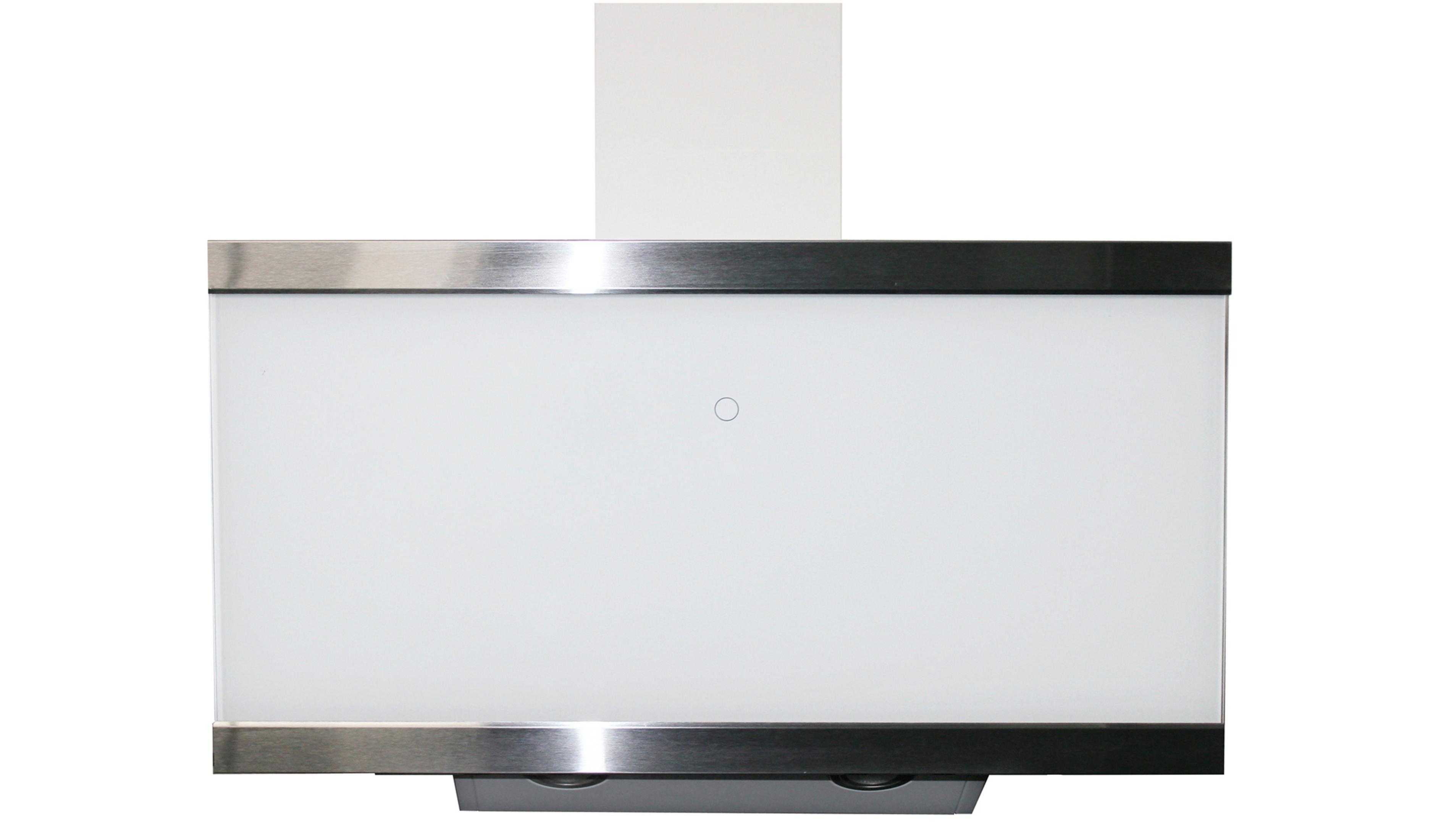 Cappa bianca con cornice in acciaio inox e sfondo bianco, isolata.