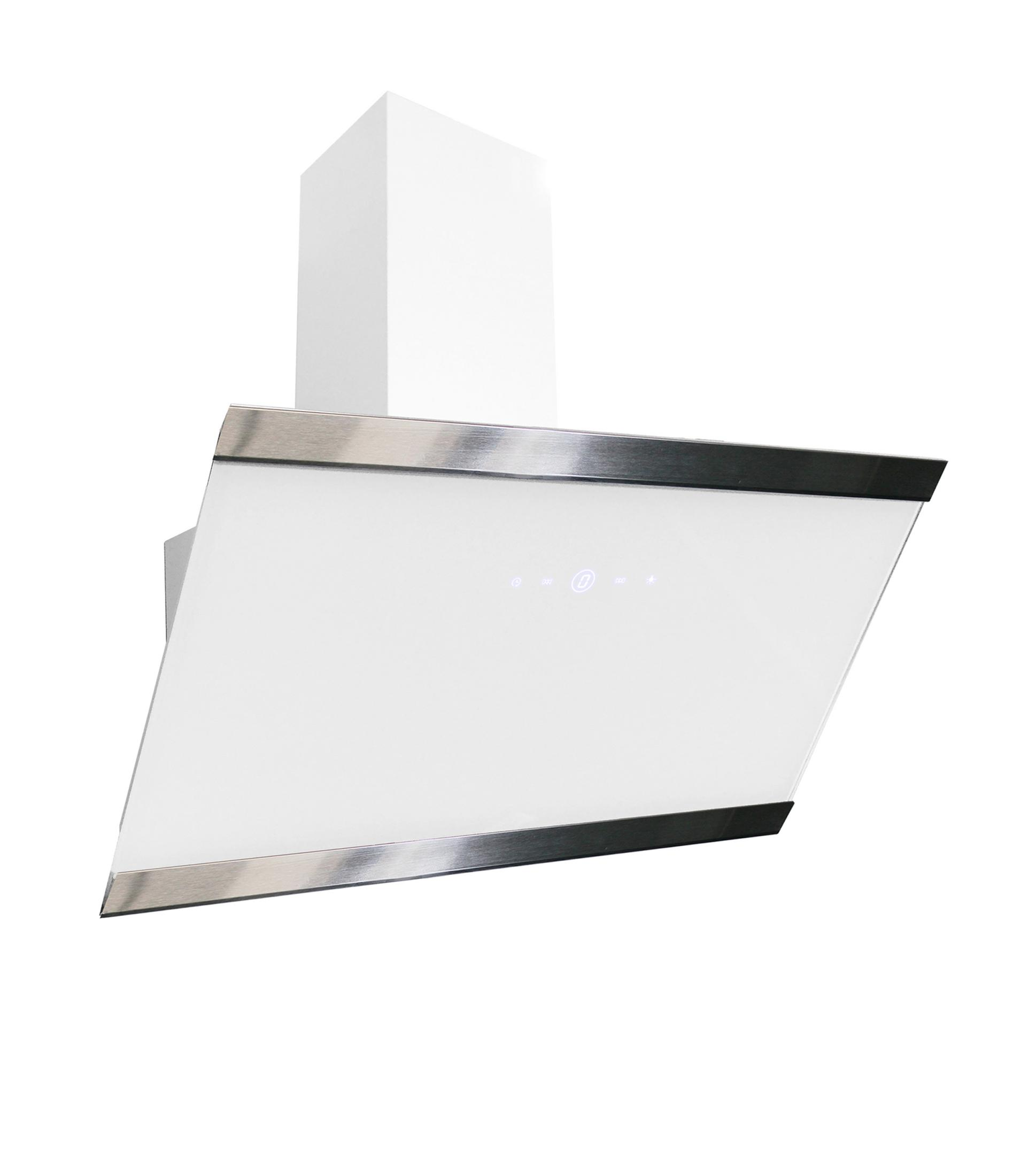 Cappa da cucina bianca con frontale in vetro e finiture in acciaio inox.