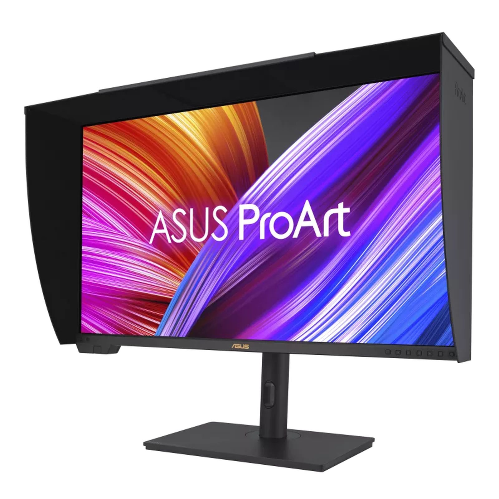 Monitor Asus ProArt z osłoną. Wyświetla kolorową sztukę abstrakcyjną. Czarny stojak.