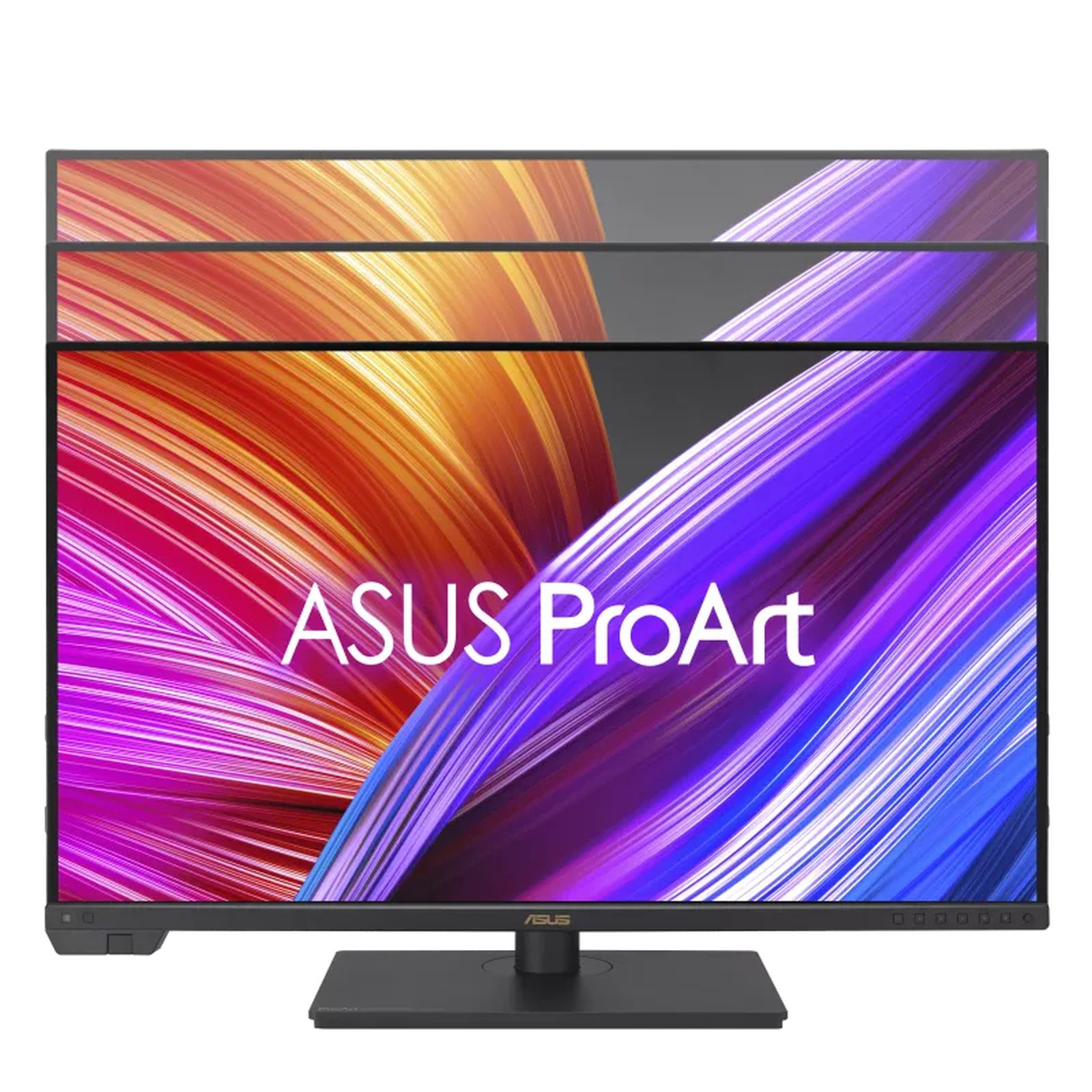 Monitor ASUS ProArt wyświetla kolorową sztukę abstrakcyjną. Czarna podstawa trzyma ekran.