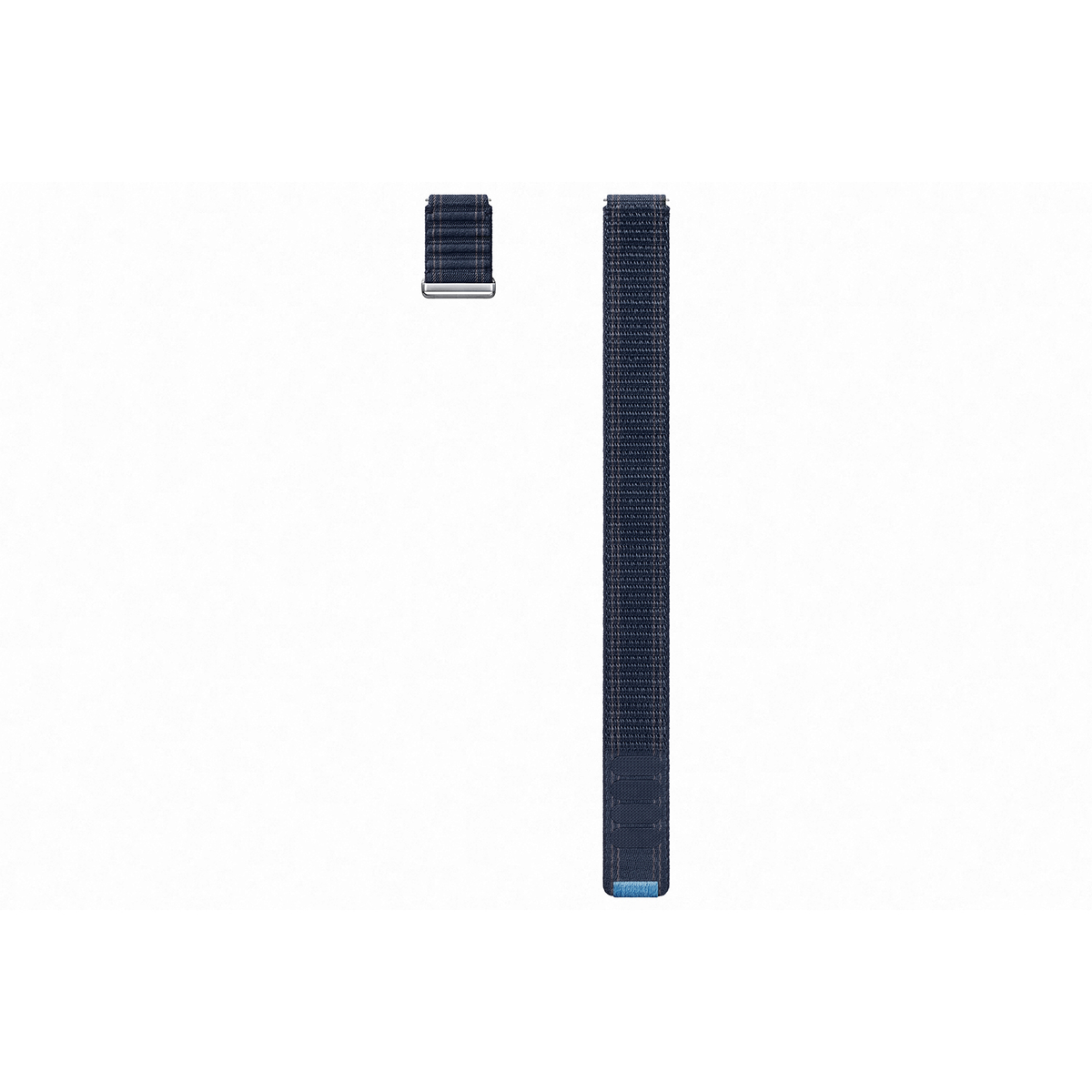 Ein marineblaues Smartwatch-Armband, ein Verschluss und ein kurzes Stück des Armbands auf weißem Hintergrund.