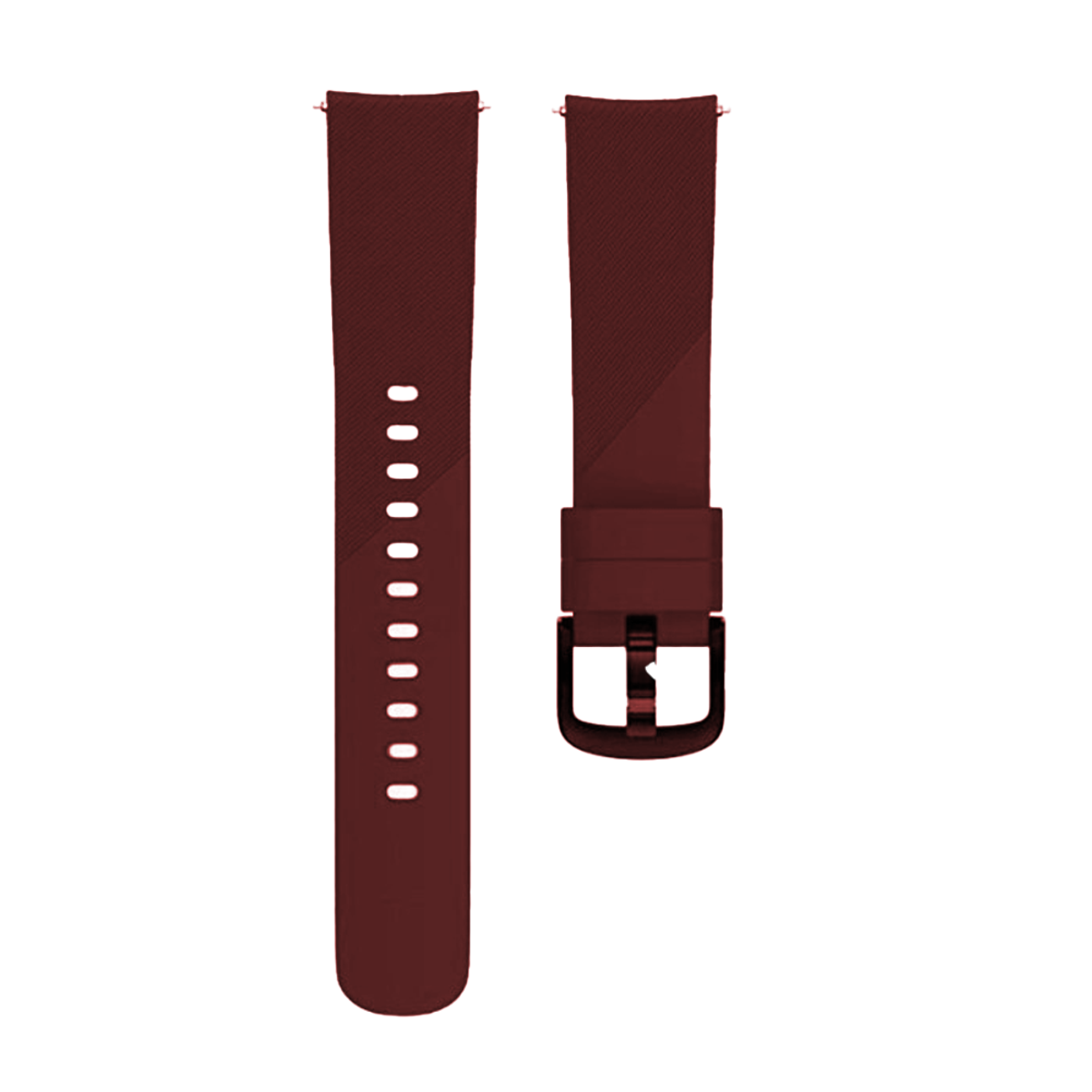Dos correas de reloj granates, con agujeros y una hebilla, sobre un fondo negro.