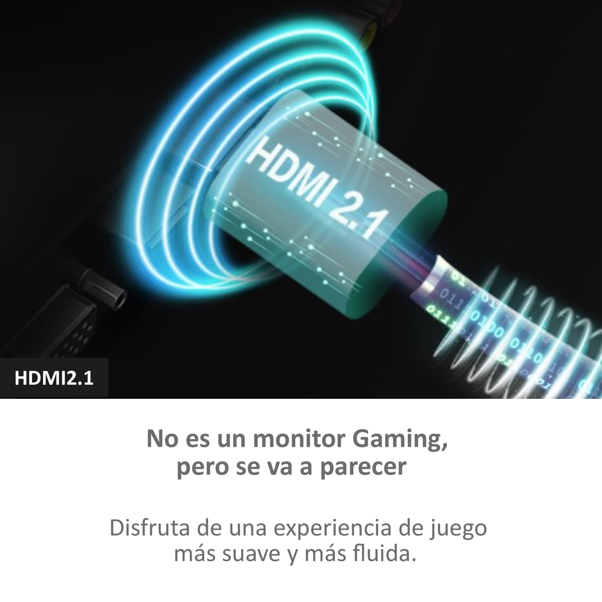 Cable HDMI 2.1 con acentos azules brillantes y código binario en la punta, con texto blanco.