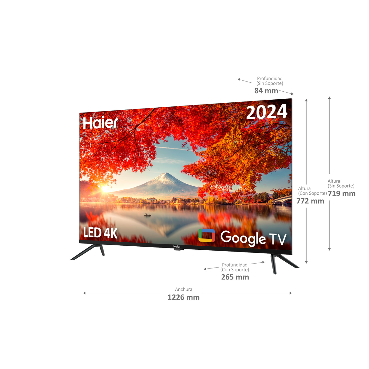 Televisor Haier LED 4K. Muestra una imagen escénica, dimensiones indicadas con etiquetas de texto.