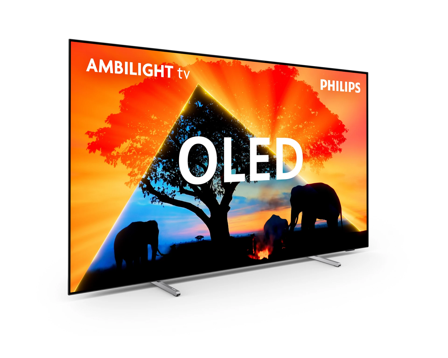 Grande TV OLED che mostra una scena naturalistica colorata.