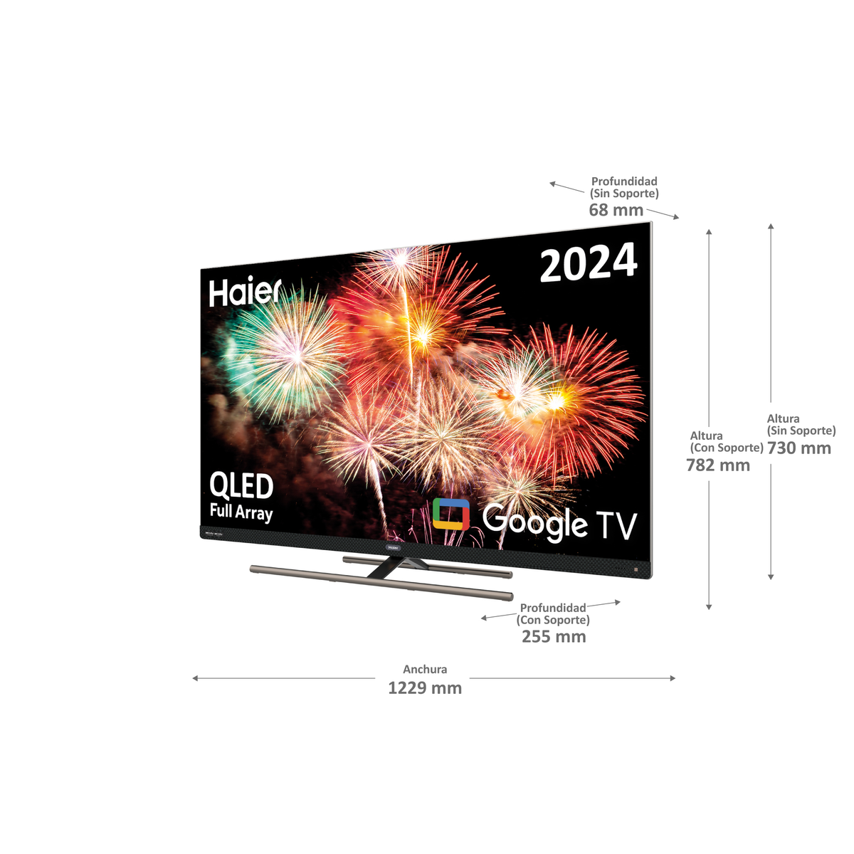Een Haier QLED Google TV toont een kleurrijk vuurwerk met afmetingen.