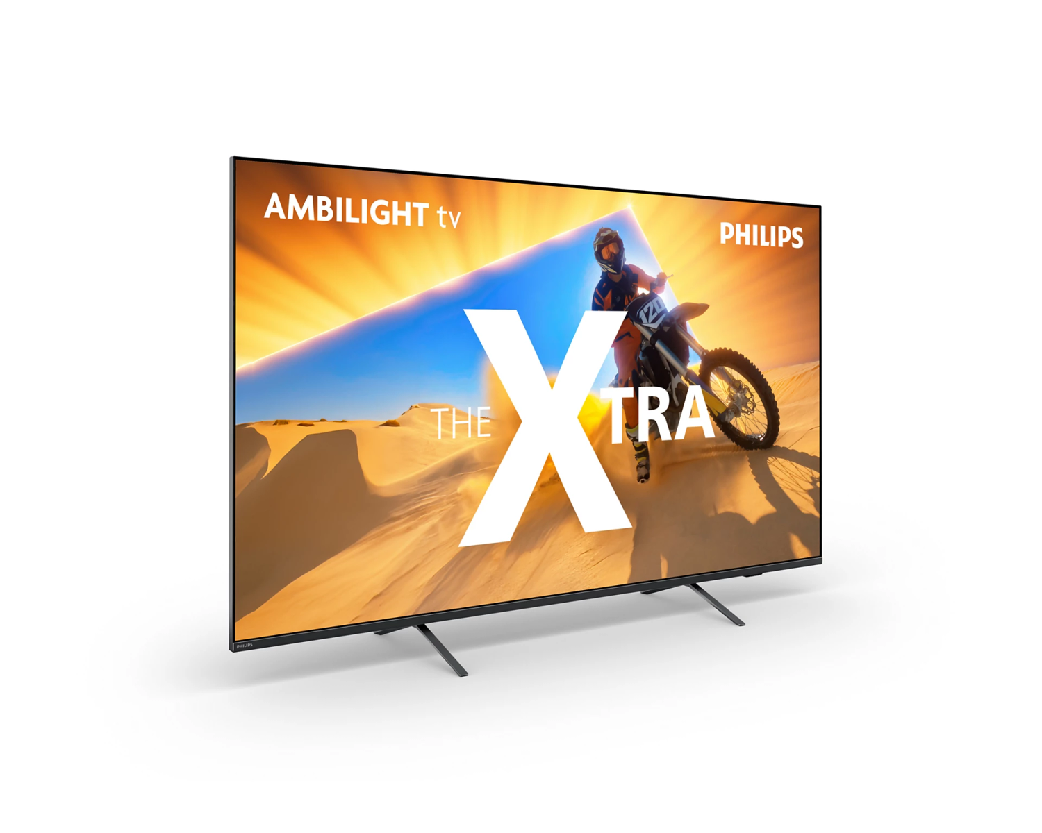 TV Philips Ambilight con una scena di moto sullo schermo. Il testo 'The Xtra' è visibile.