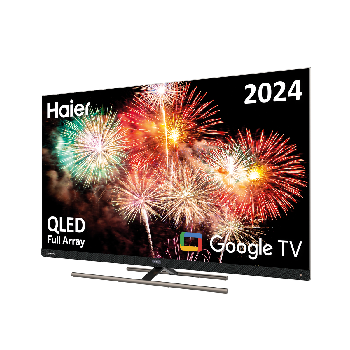 Een QLED Full Array TV toont een vuurwerk met het jaar 2024.