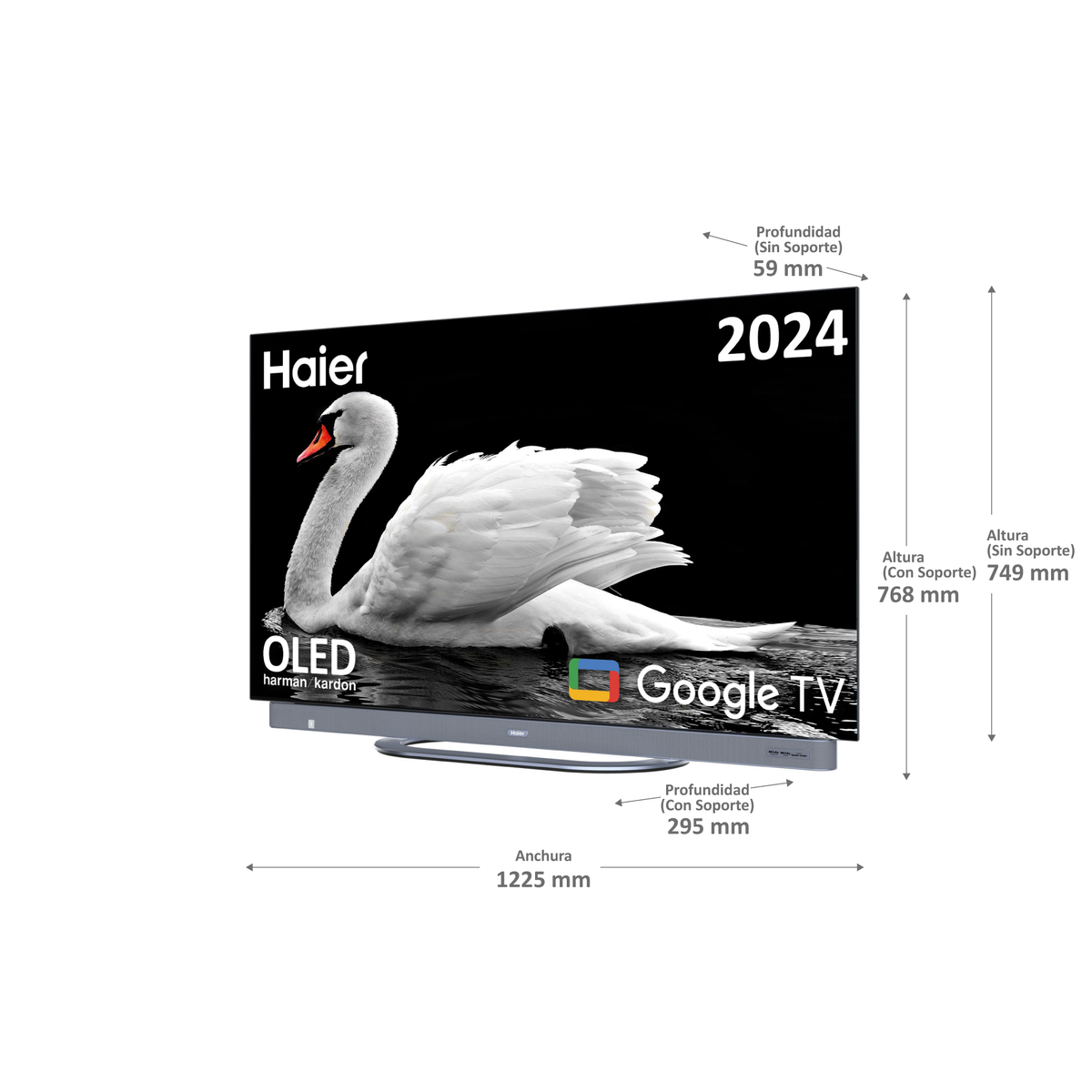 Un televisor Haier OLED, pantalla negra con un gráfico de cisne. Se muestran las dimensiones y la etiqueta energética.