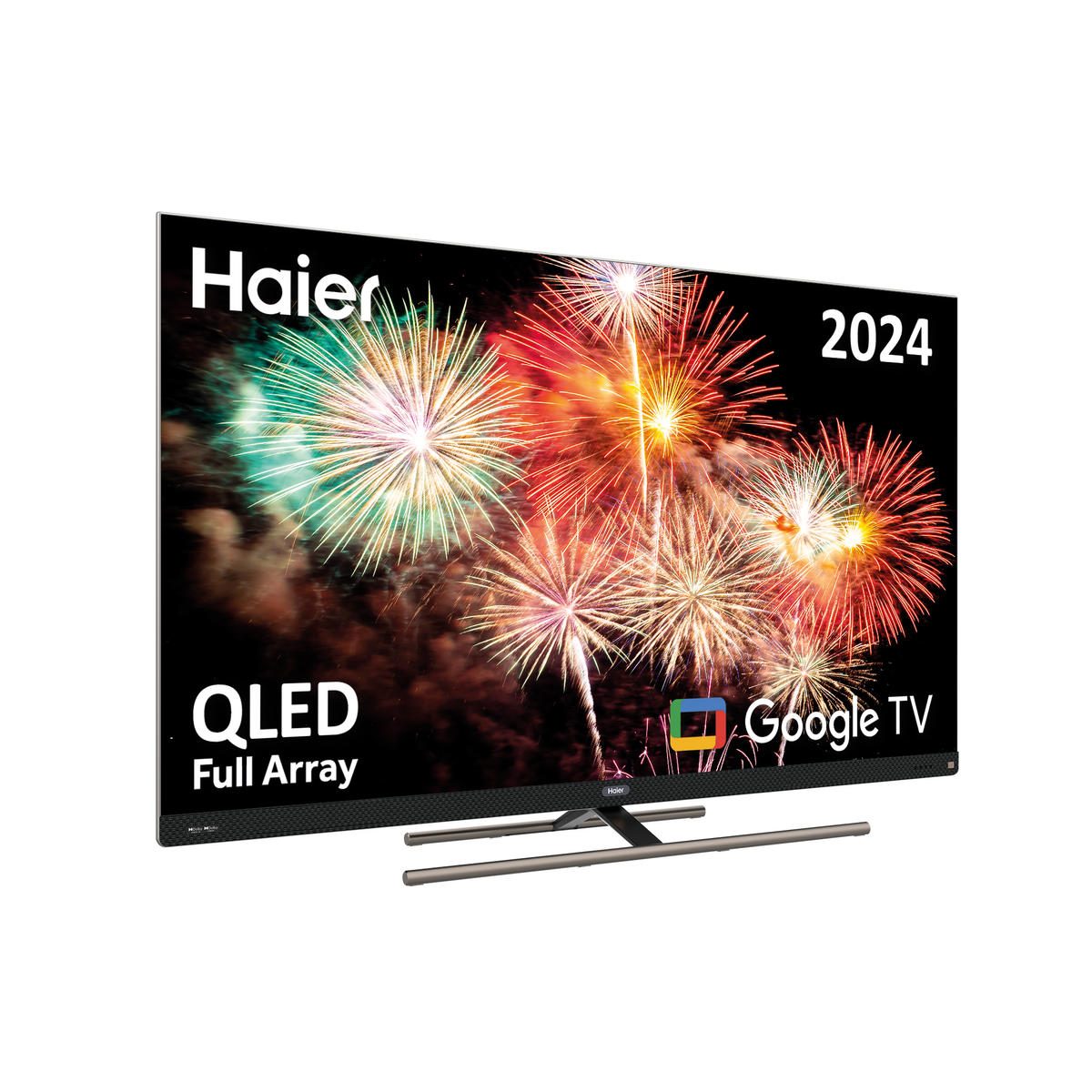 Een Haier Google TV. Een zwarte tv met vuurwerk op het scherm.