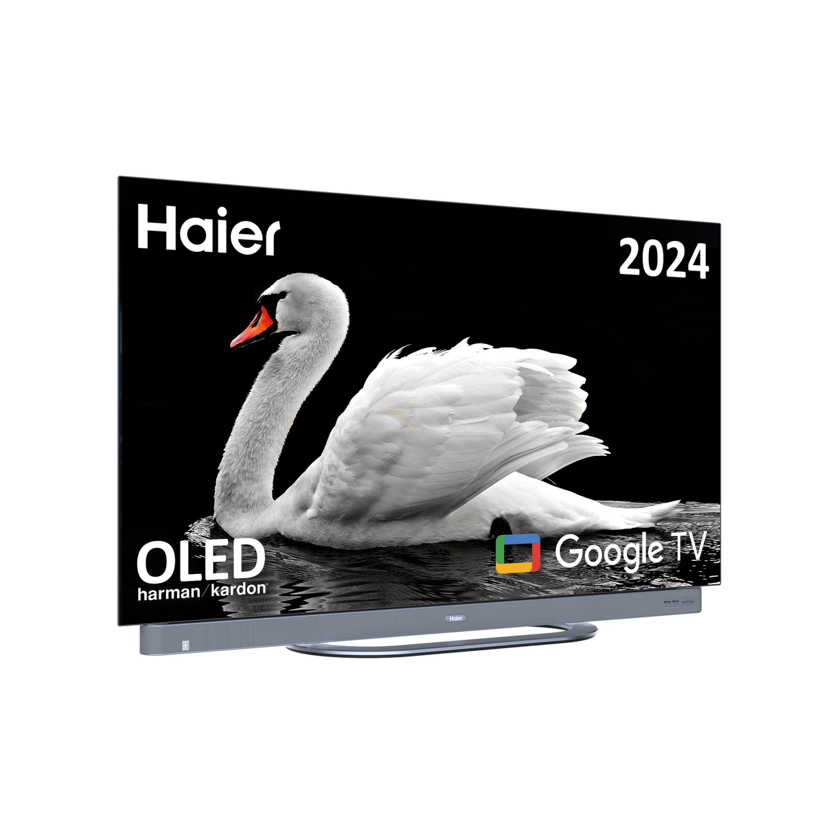 Haier TV displaying a swan image. Features OLED, Google TV, and 2024 text.