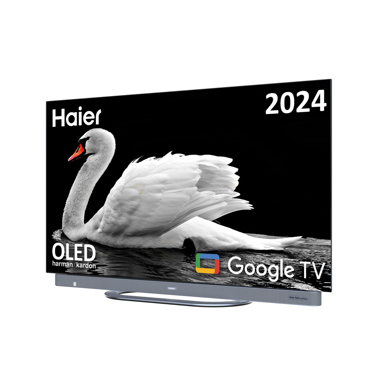 Large flat-screen TV displays a swan image, with the Haier and Google TV logos.