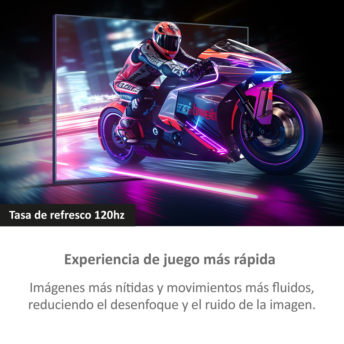 Motorrace op een tv-scherm, met tekst over 120Hz vernieuwingsfrequentie en sneller gamen.