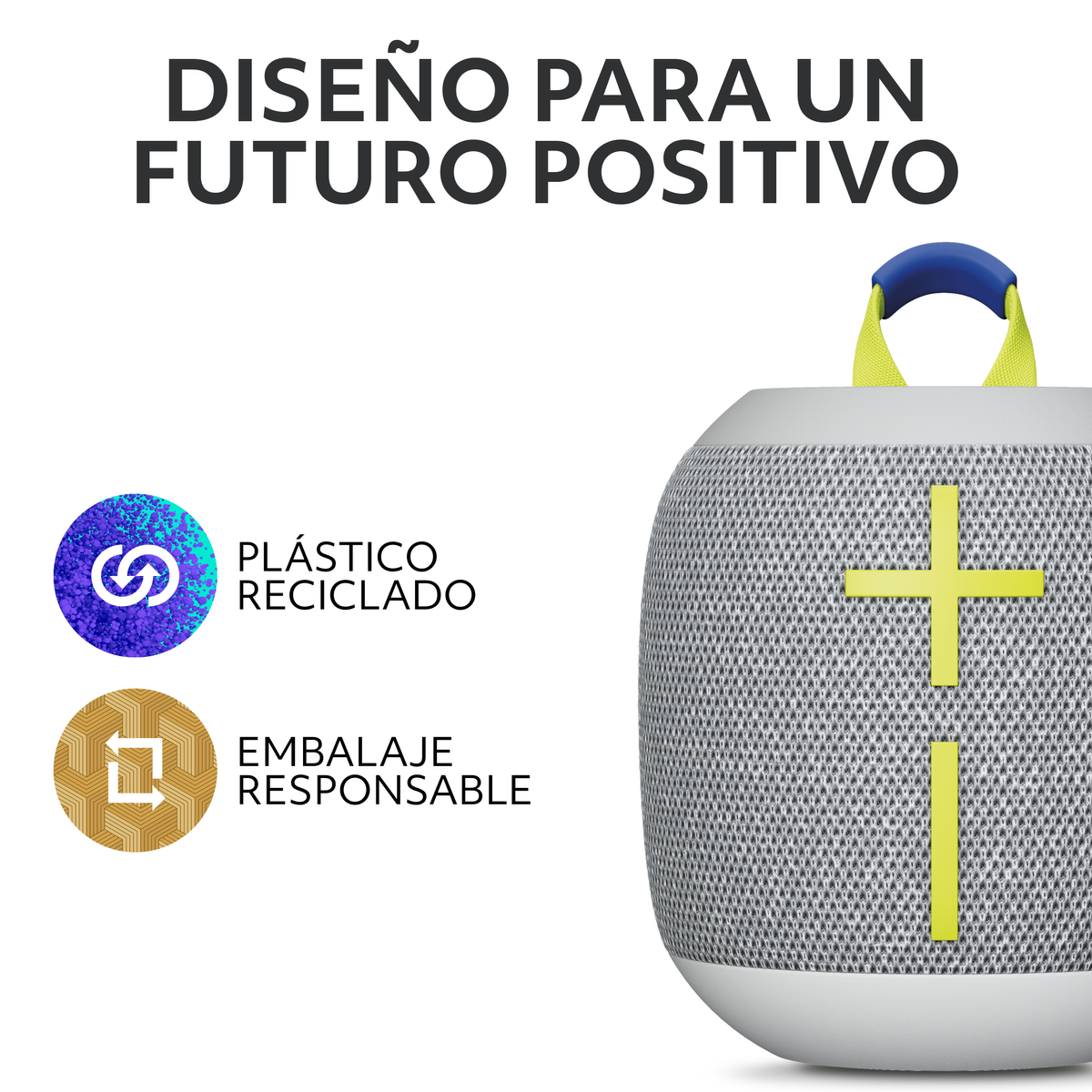 Biało-szary głośnik z hiszpańskim tekstem: "DISEÑO PARA UN FUTURO POSITIVO".