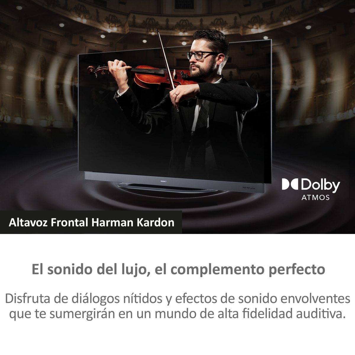 A TV screen shows a man playing violin. The text says "Altavoz Frontal Harman Kardon".