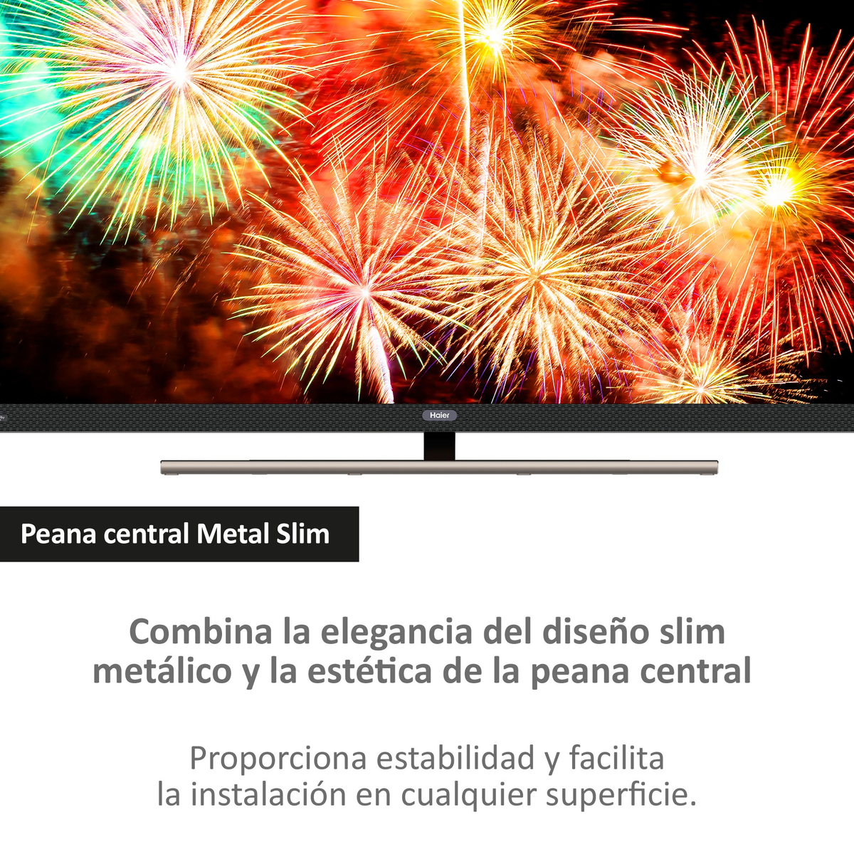 Tv met een slank metalen design, met vuurwerk op het scherm.