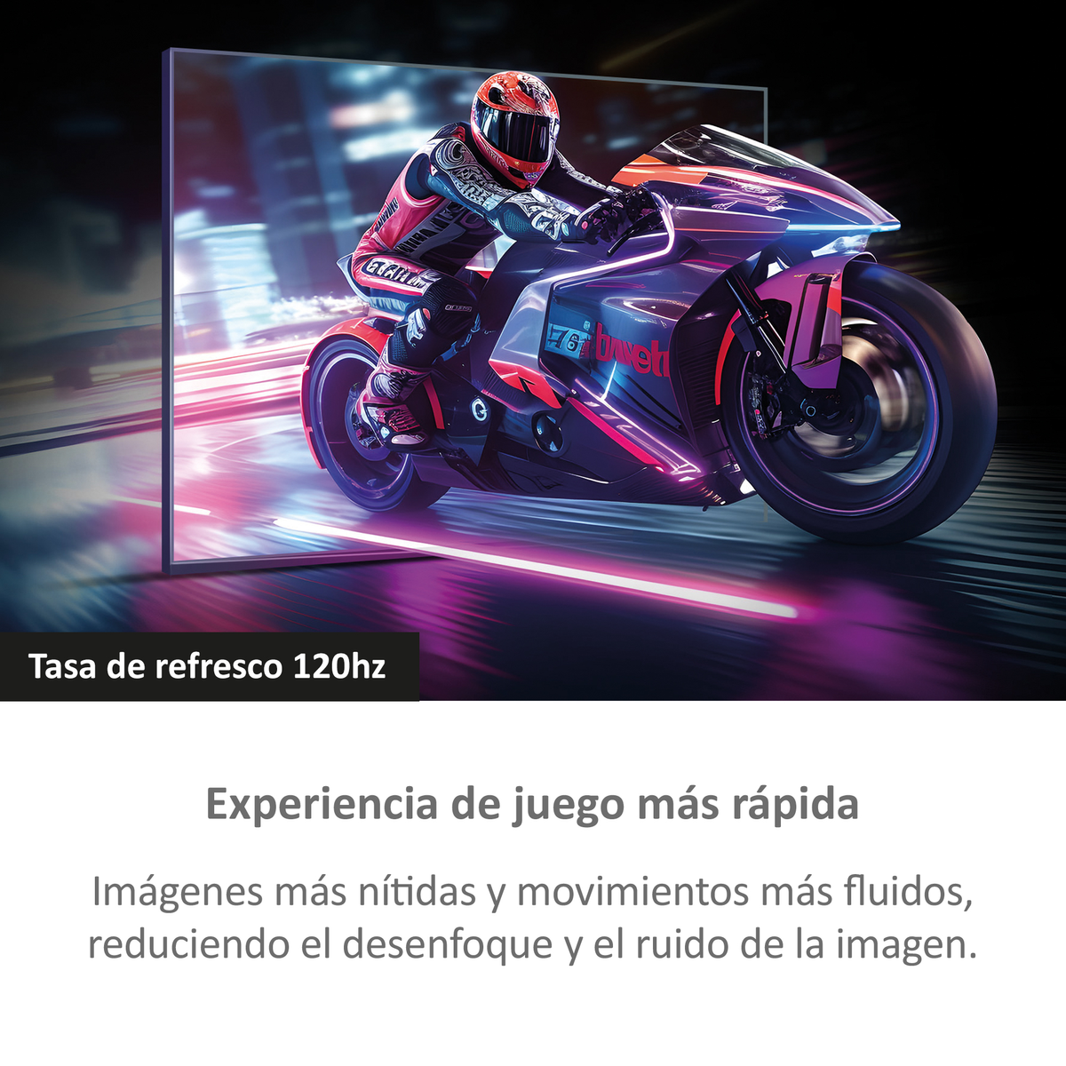 A TV screen showing a motorbike speeding on a road at night with text 'Tasa de refresco 120hz'.