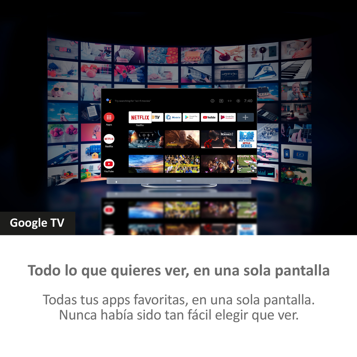 A TV screen showing a smart TV interface with streaming apps. Many images surround the screen.
